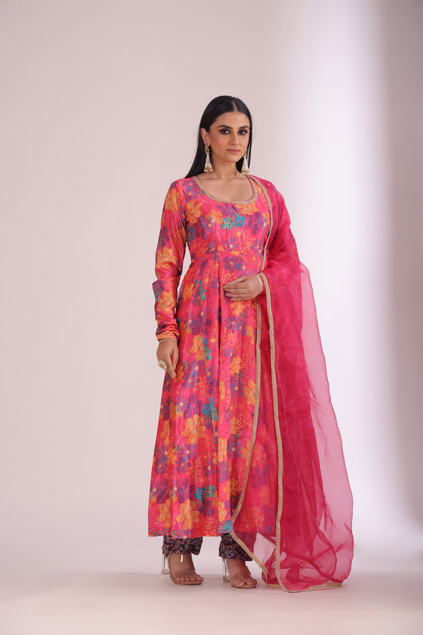 Gulzar Pink Floral Printed Crepe Silk Anarkali And Dupatta