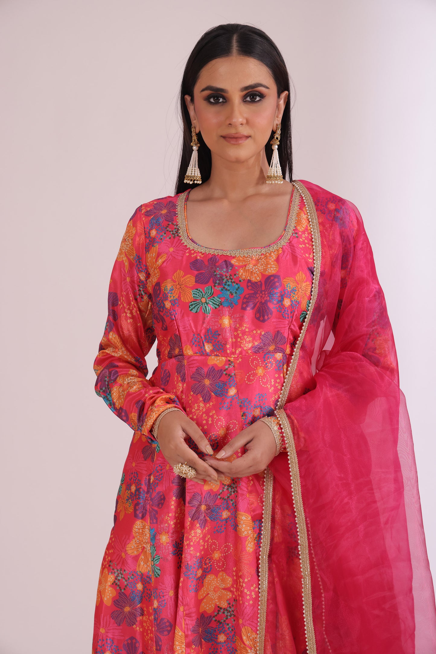 Gulzar Pink Floral Printed Crepe Silk Anarkali And Dupatta