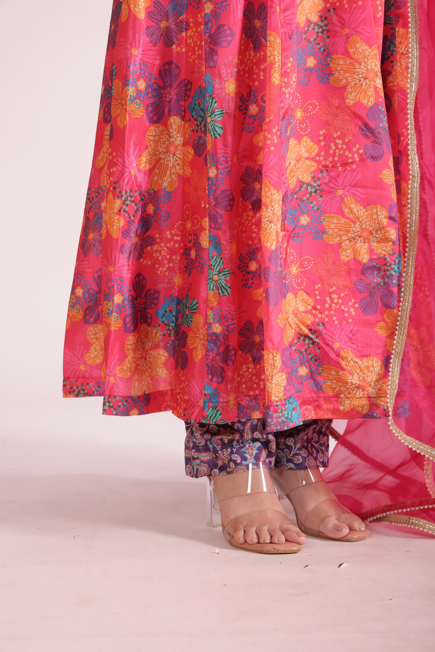 Gulzar Pink Floral Printed Crepe Silk Anarkali And Dupatta