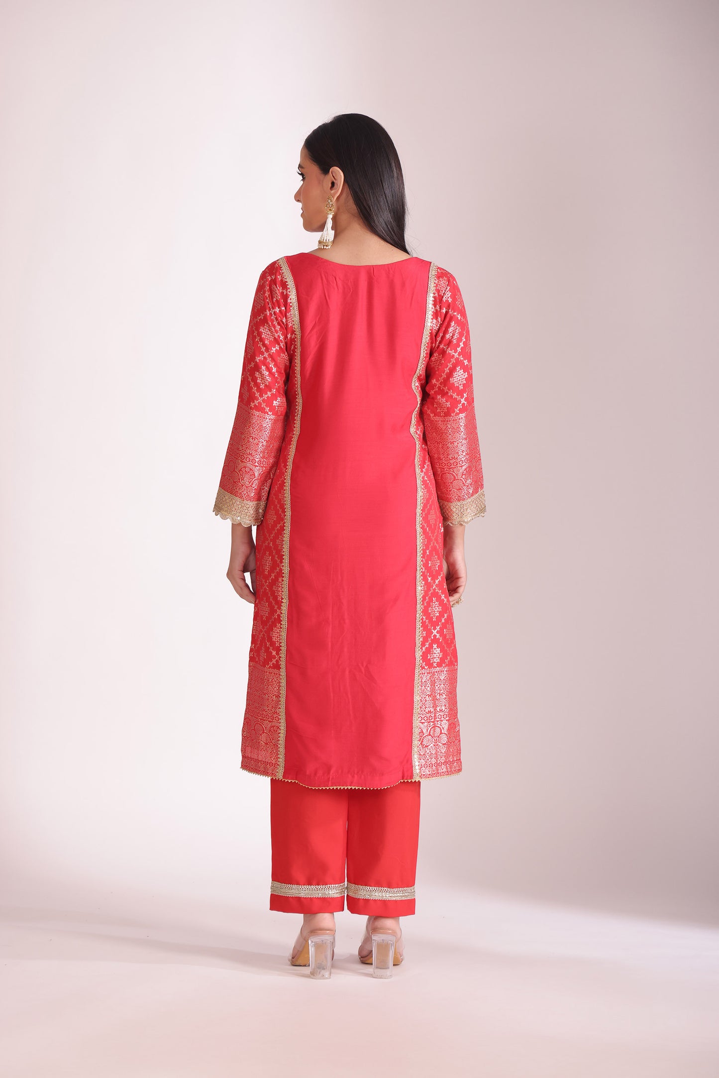 Noorika Red Embroidered Chanderi Kurta With Pant And Dupatta