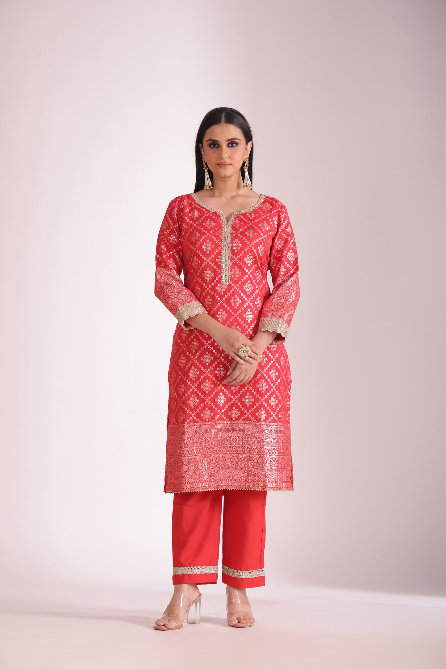 Noorika Red Embroidered Chanderi Kurta With Pant And Dupatta