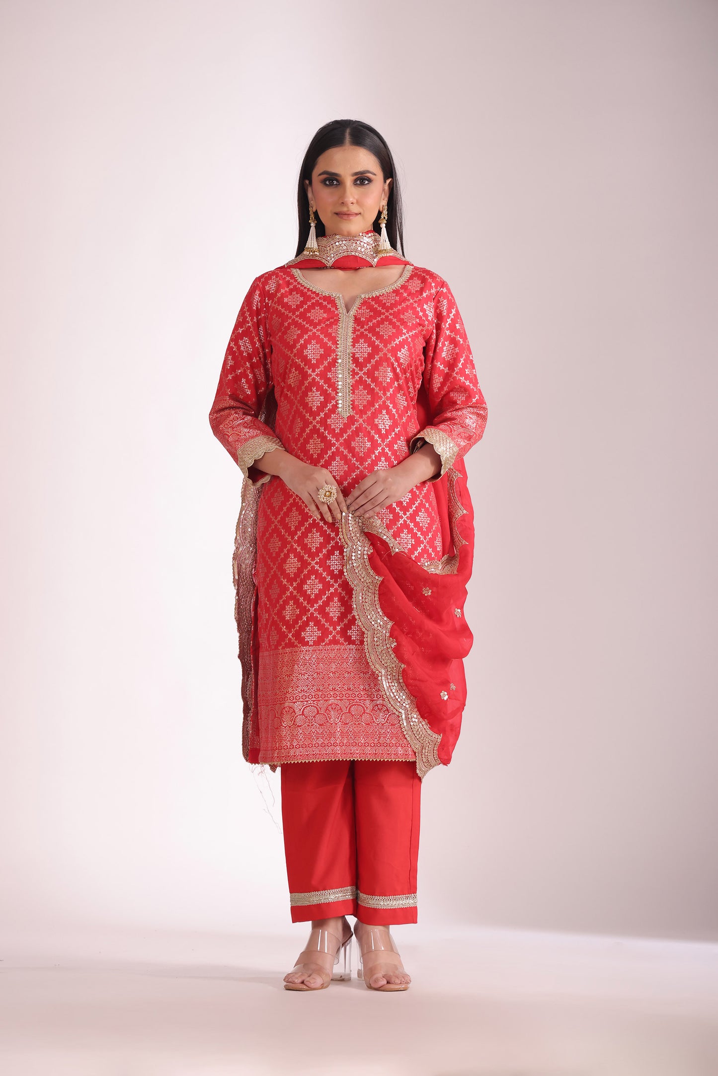 Noorika Red Embroidered Chanderi Kurta With Pant And Dupatta