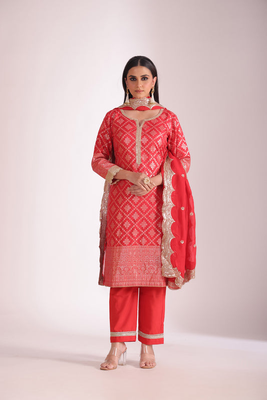 Noorika Red Embroidered Chanderi Kurta With Pant And Dupatta