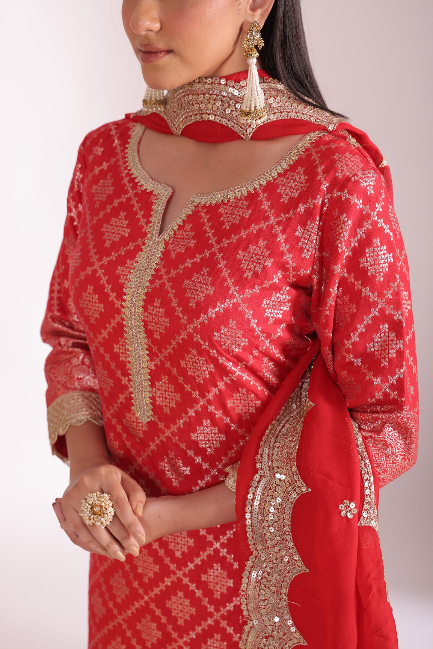Noorika Red Embroidered Chanderi Kurta With Pant And Dupatta