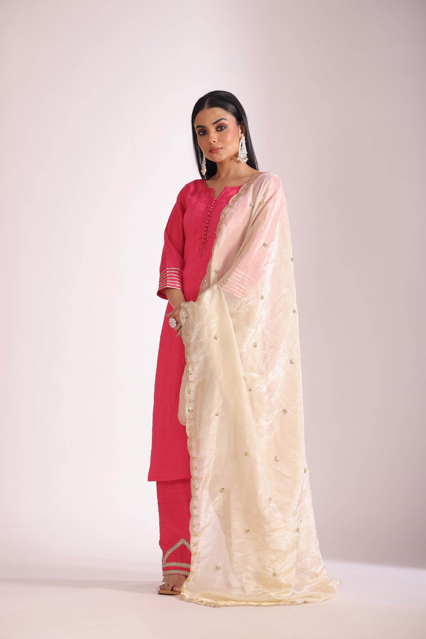Mastani Fuschia Embroidered  Chanderi Kurta And Pant With Dupatta