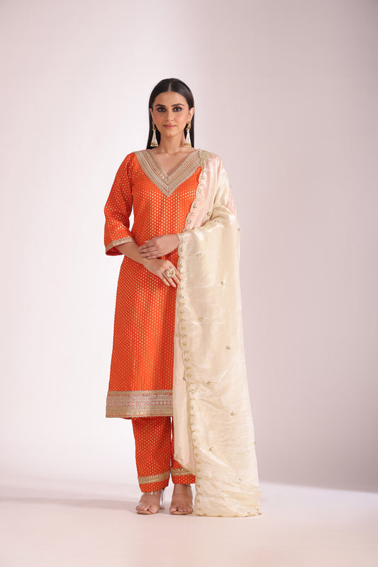 Noorika Orange Embroidered  Silk Kurta With Pant And Dupatta