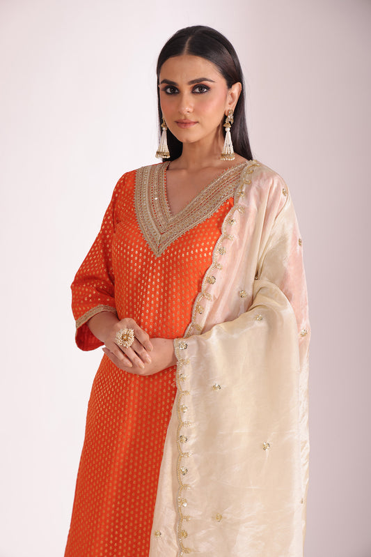 Noorika Orange Embroidered  Silk Kurta With Pant And Dupatta