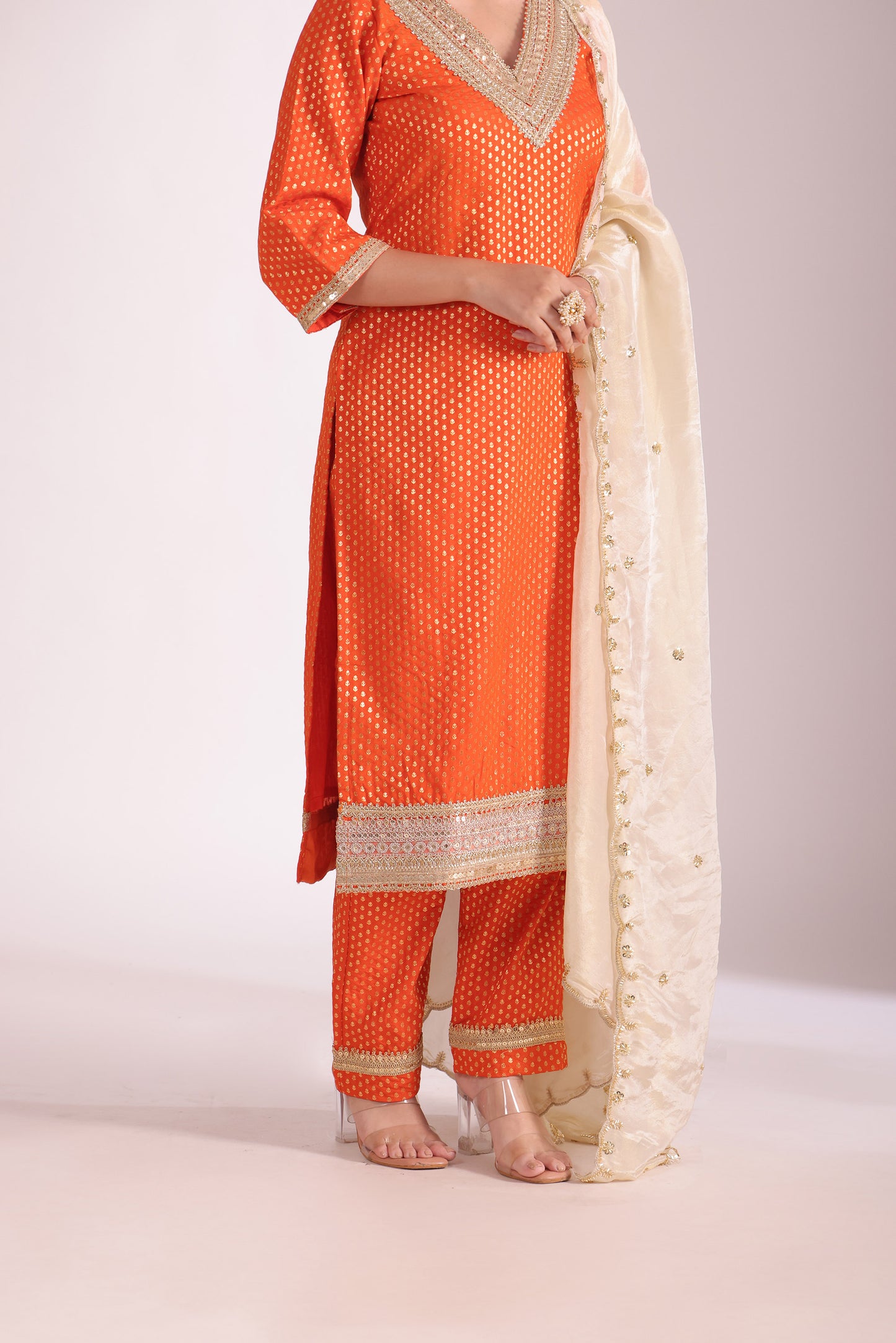 Noorika Orange Embroidered  Silk Kurta With Pant And Dupatta