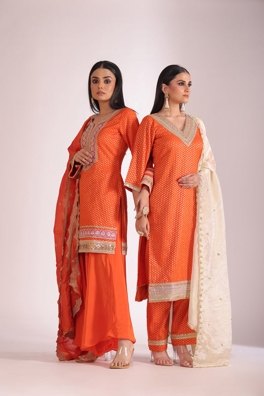 Noorika Orange Embroidered  Silk Kurta With Dhoti Pant And Dupatta
