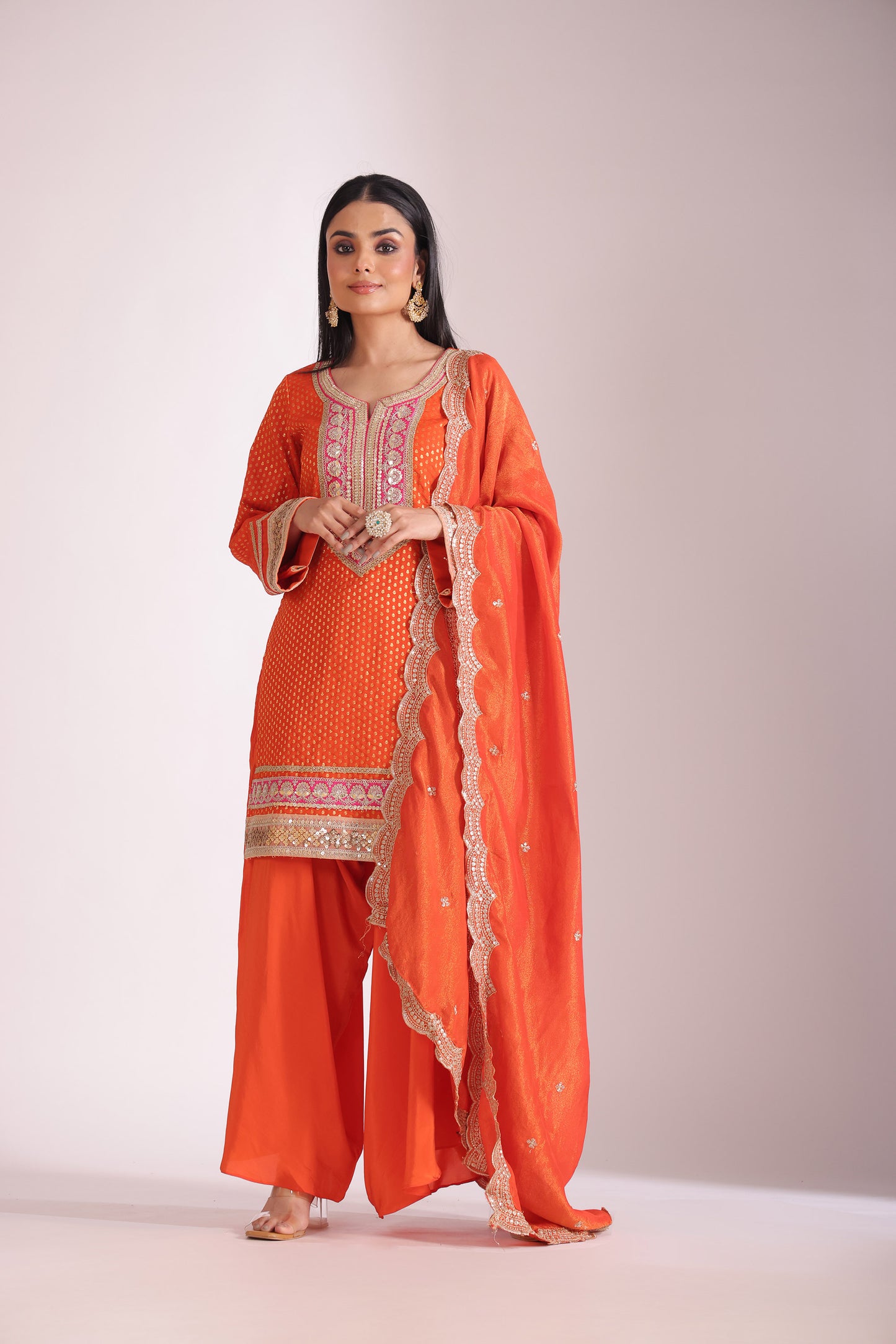 Noorika Orange Embroidered  Silk Kurta With Dhoti Pant And Dupatta
