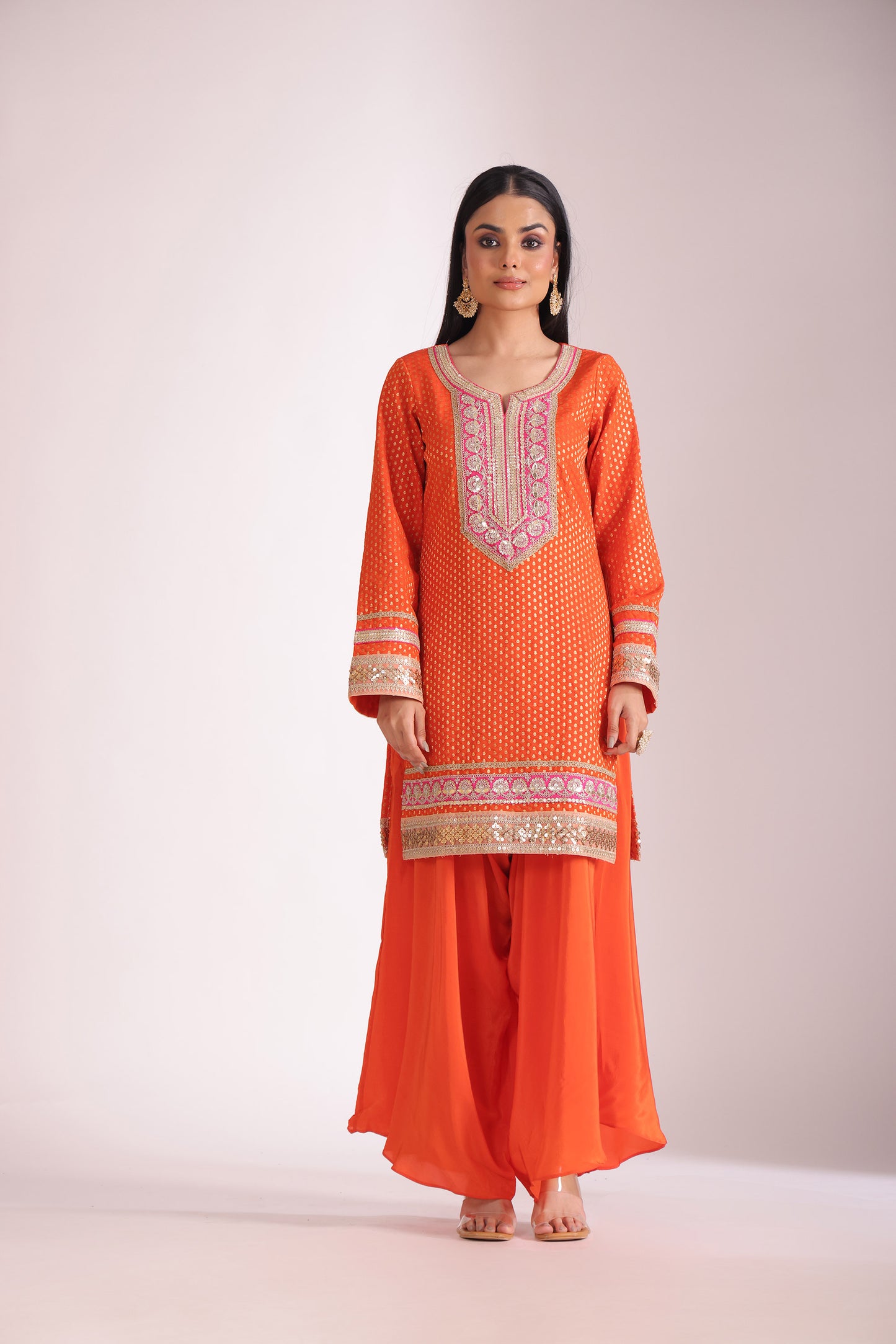 Noorika Orange Embroidered  Silk Kurta With Dhoti Pant And Dupatta