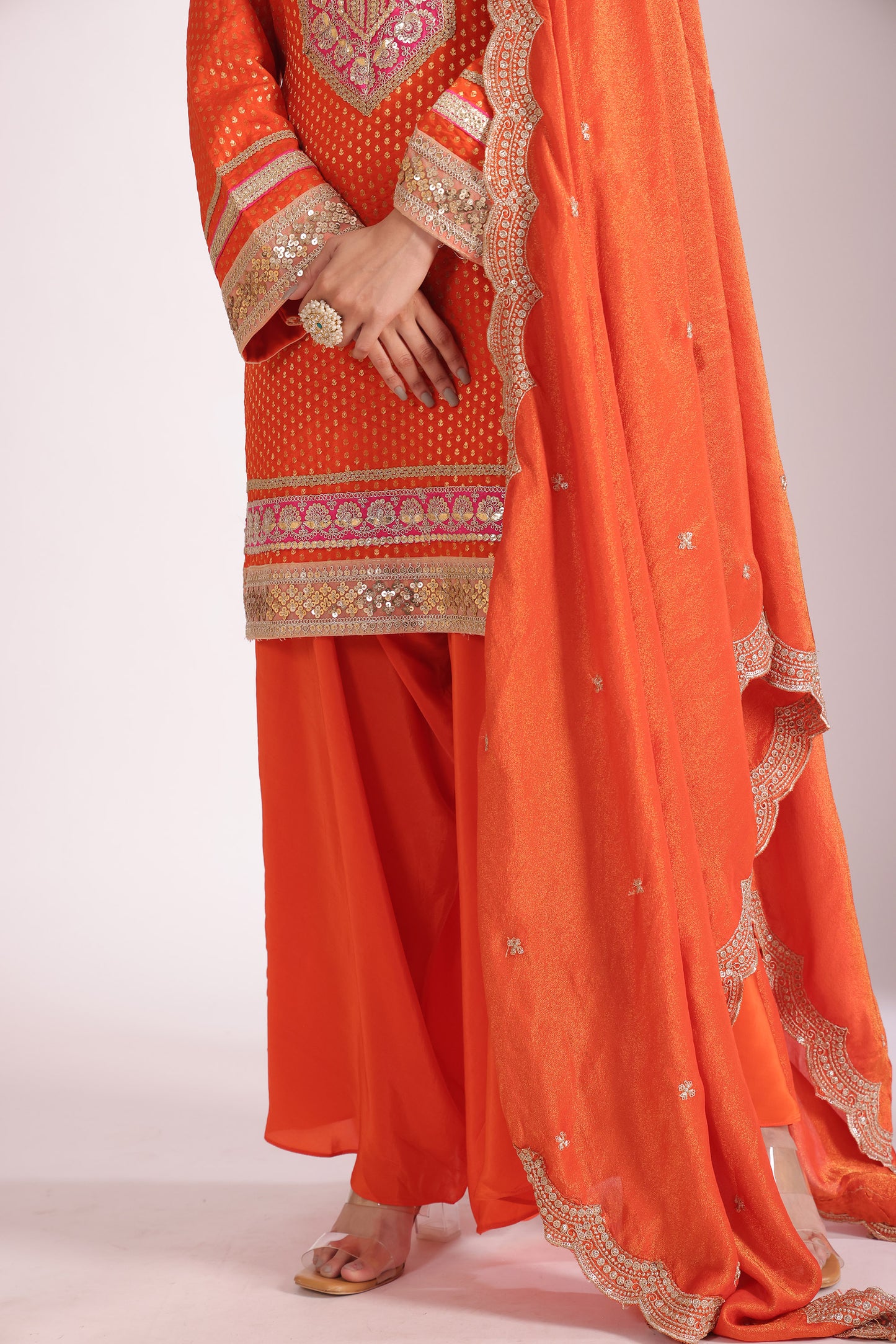 Noorika Orange Embroidered  Silk Kurta With Dhoti Pant And Dupatta