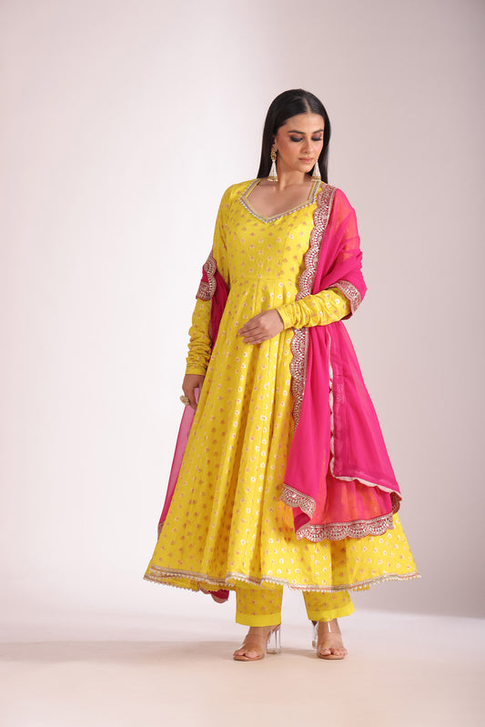 Noorika Yellow Embroidered Silk Anarkali With Pant And Dupatta