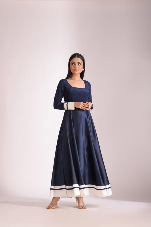 Jhalak Navy Blue Embroidered  Satin Anarkali With Chooridar And Dupatta