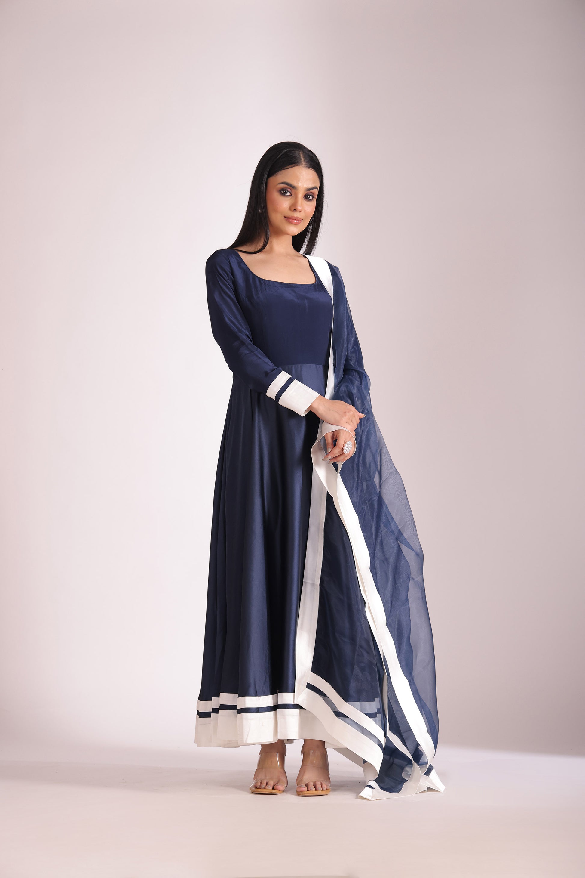 anarkali dress navy blue Navy Blue Abstract Printed Organza Anarkali Suit Set (286-NavyBlue-AFKB)
