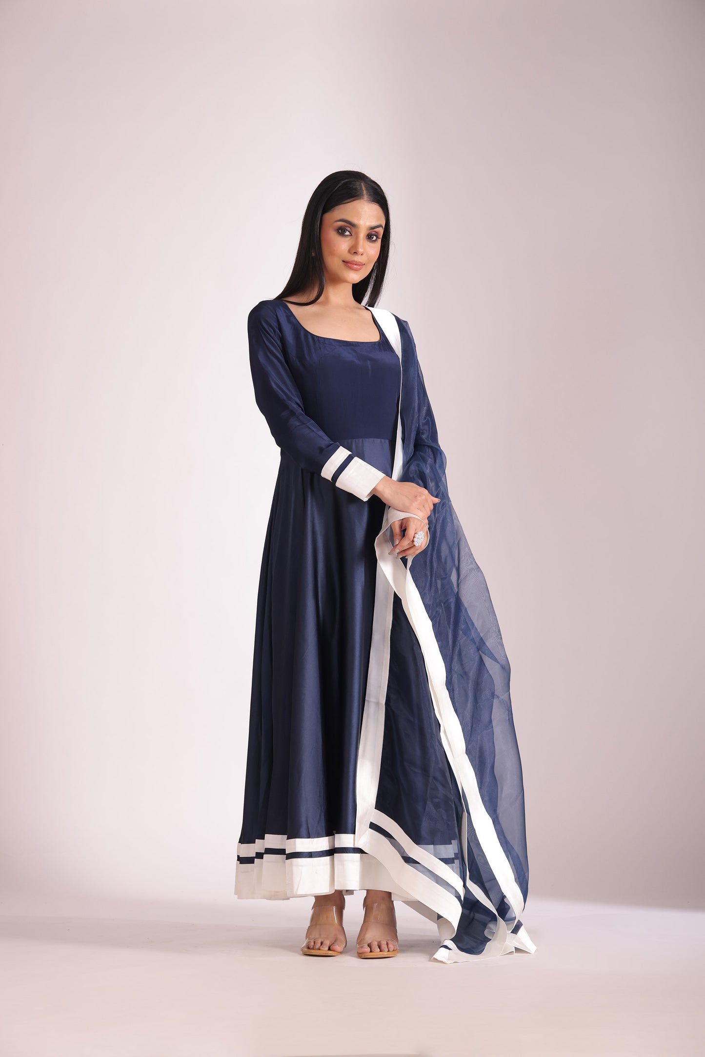 Jhalak Navy Blue Embroidered  Satin Anarkali With Chooridar And Dupatta
