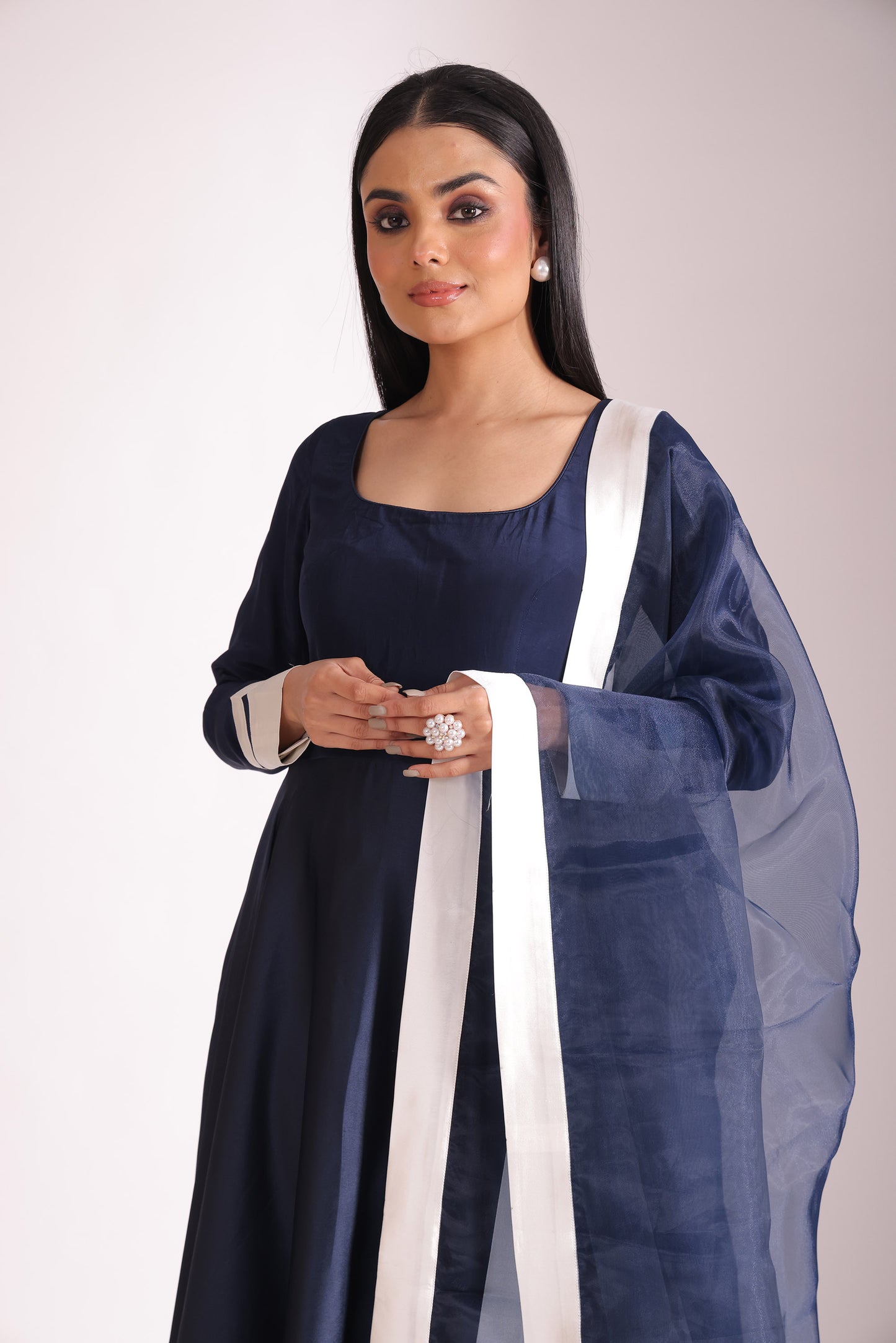 Jhalak Navy Blue Embroidered  Satin Anarkali With Chooridar And Dupatta