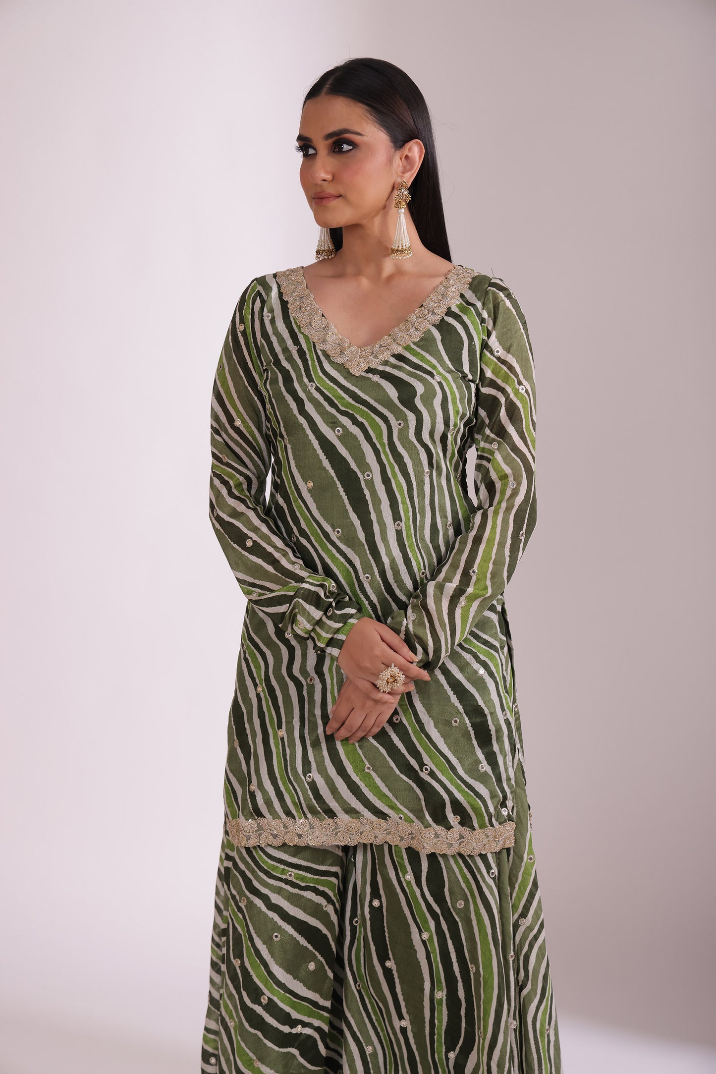 Gulzar Green Printed Chiffon Silk Sharara And Dupatta