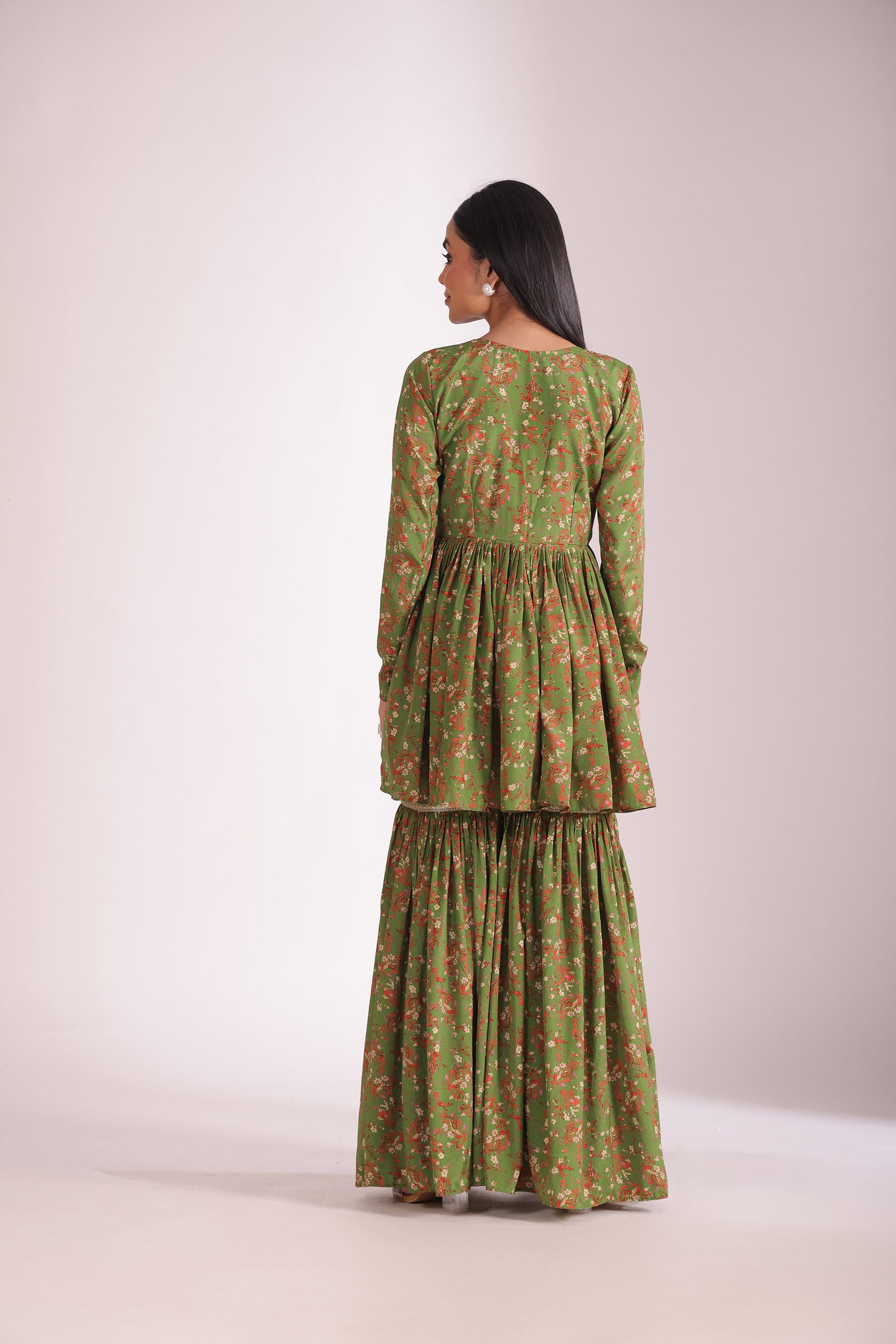 Gulzar Green Printed Crepe Silk Peplum With Gharara And Dupatta