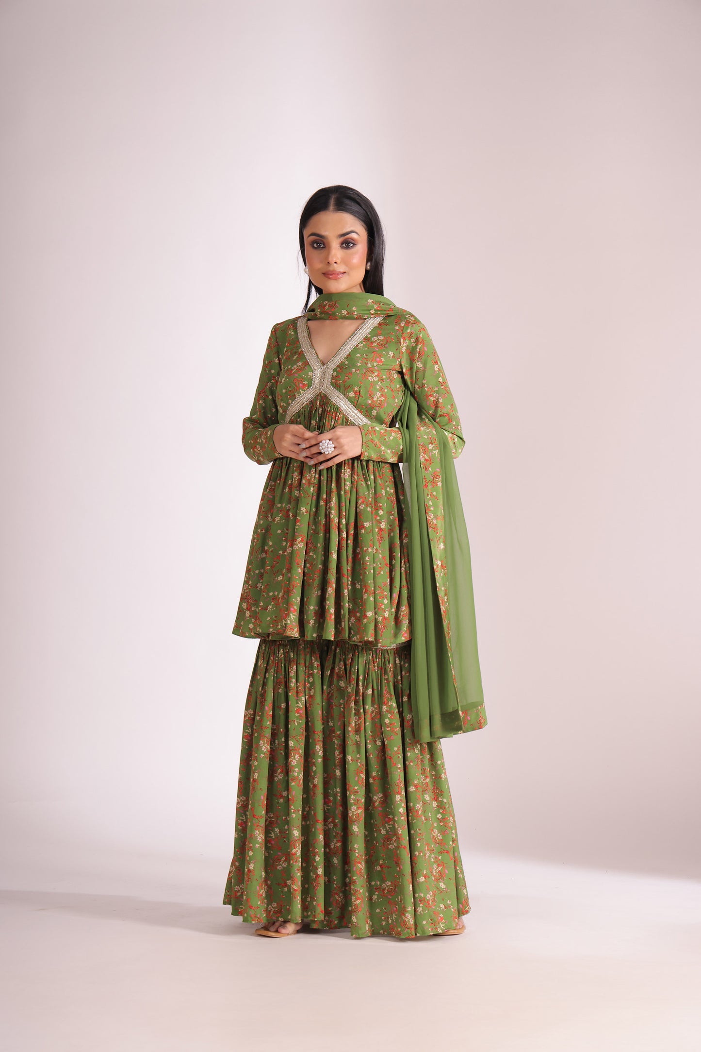 Gulzar Green Printed Crepe Silk Peplum With Gharara And Dupatta