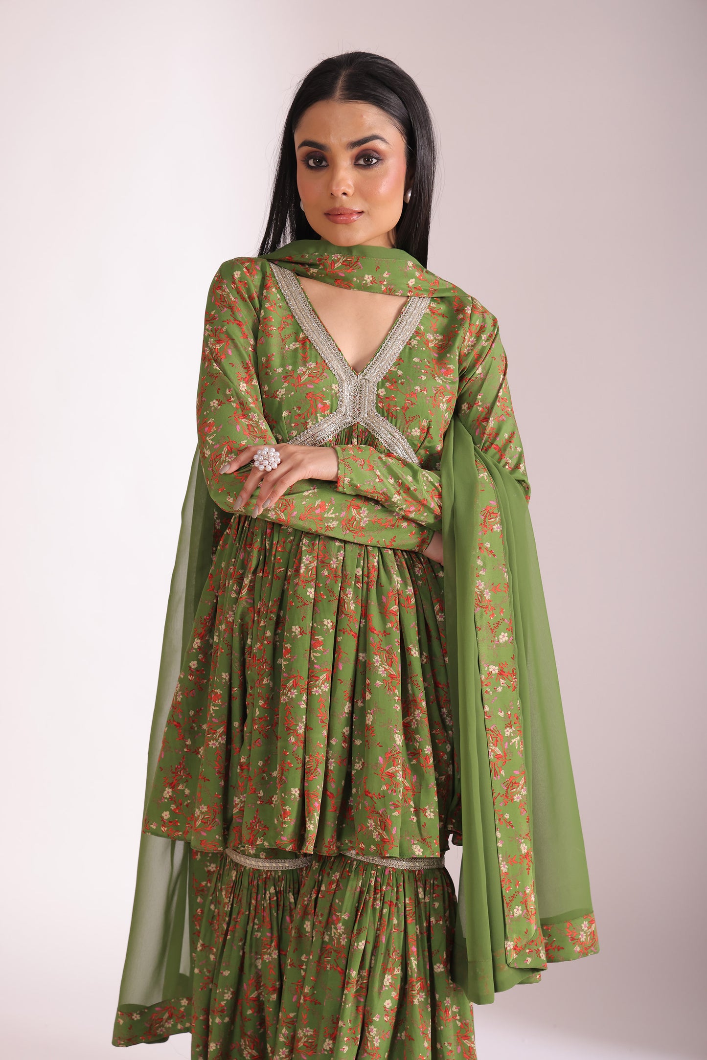Gulzar Green Printed Crepe Silk Peplum With Gharara And Dupatta