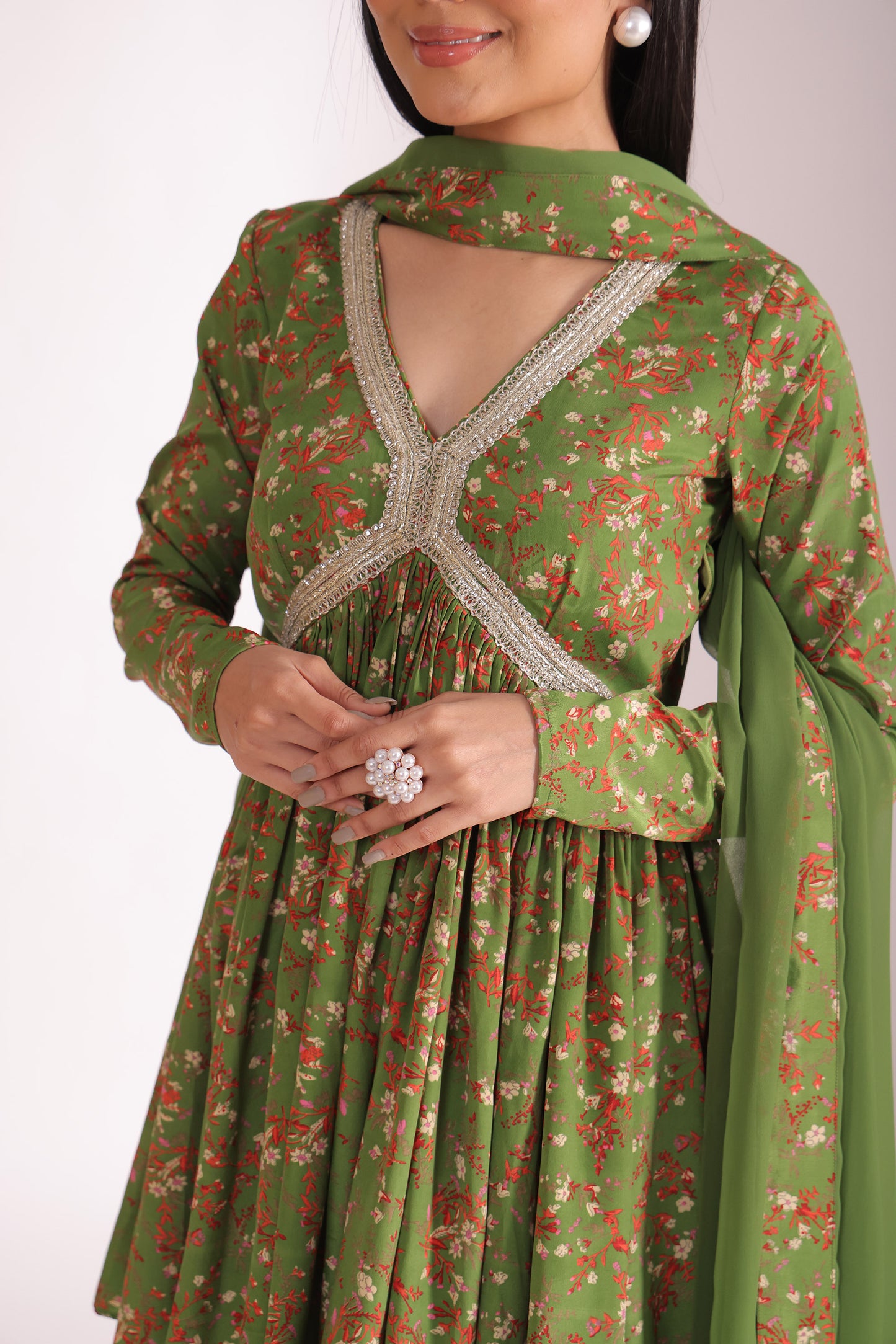 Gulzar Green Printed Crepe Silk Peplum With Gharara And Dupatta