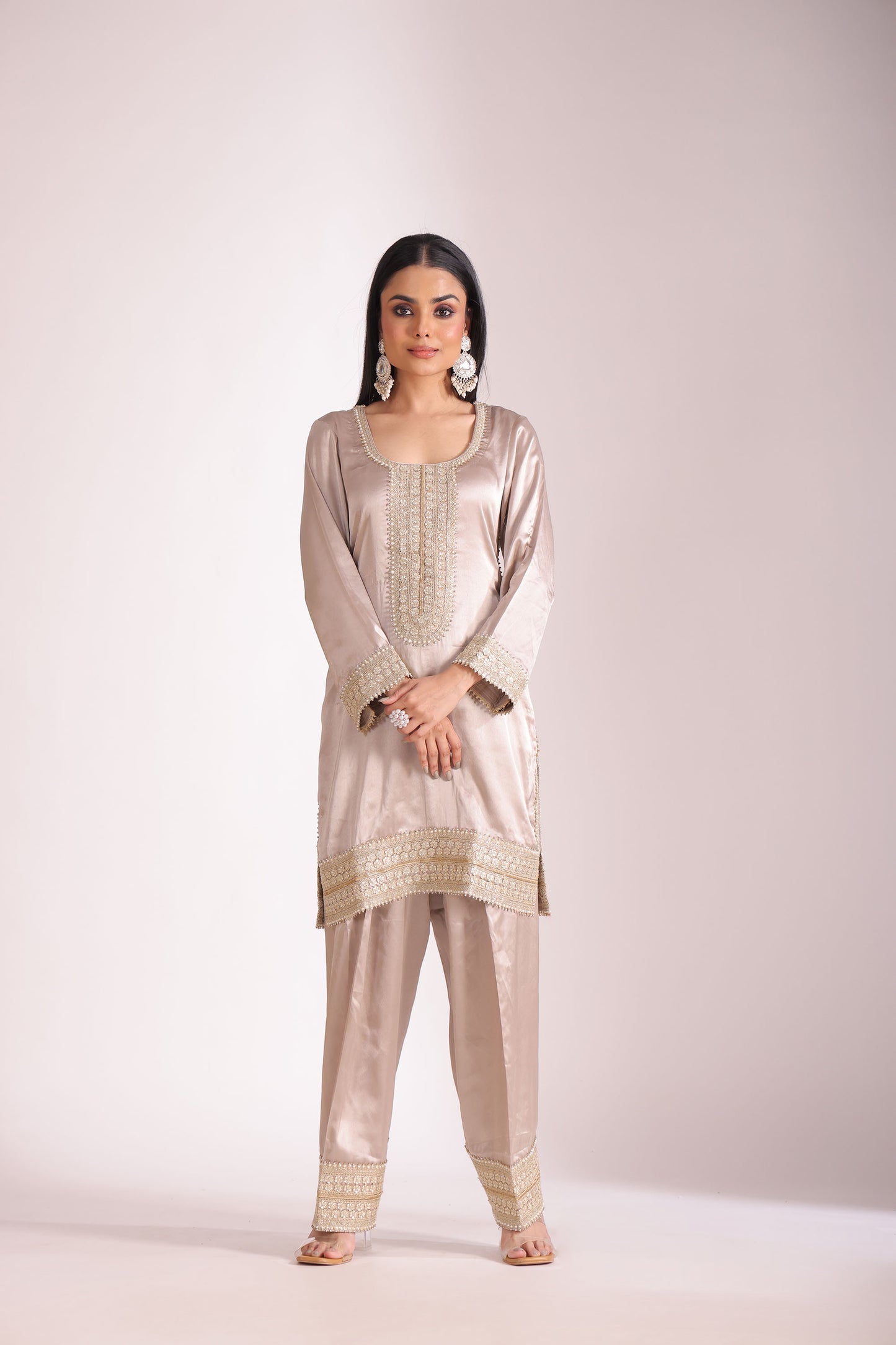 Jhalak Beige Embroidered  Satin Silk  Kurta With Farsi Salwar And Dupatta