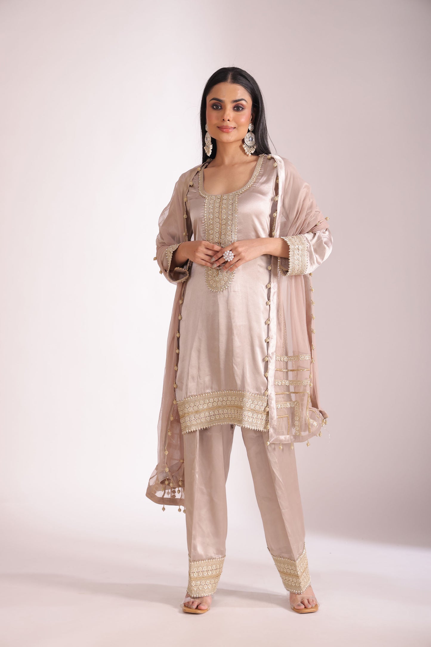 Jhalak Beige Embroidered  Satin Silk  Kurta With Farsi Salwar And Dupatta