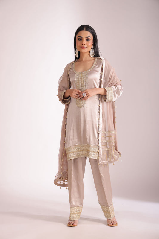 Jhalak Beige Embroidered  Satin Silk  Kurta With Farsi Salwar And Dupatta