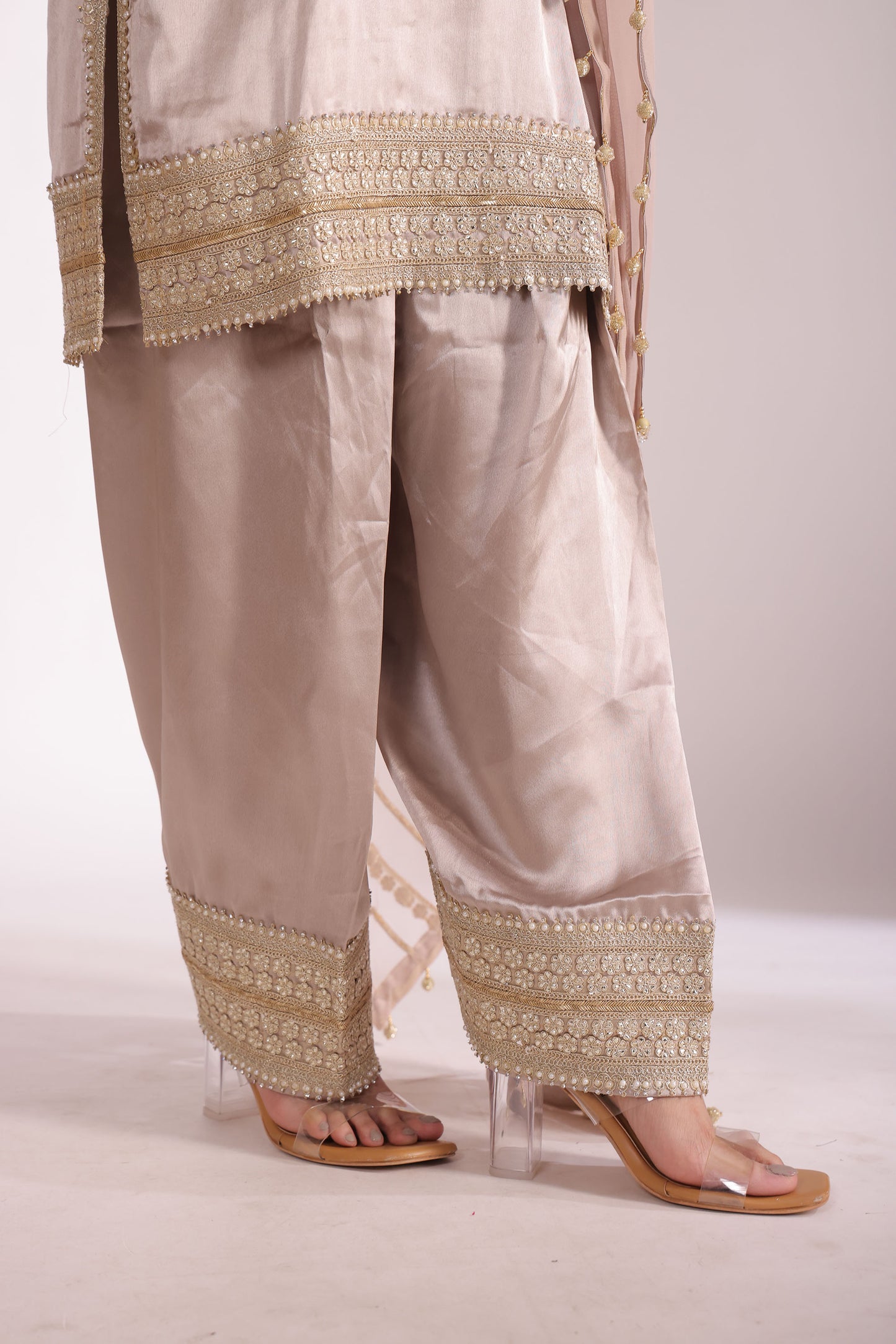 Jhalak Beige Embroidered  Satin Silk  Kurta With Farsi Salwar And Dupatta