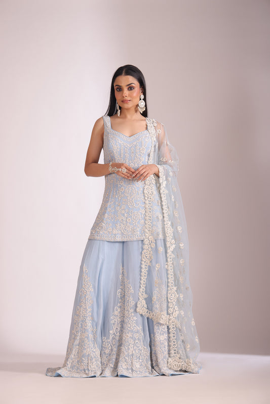 Rooh Sky Blue Embroidered Kurta, Sharara And Dupatta