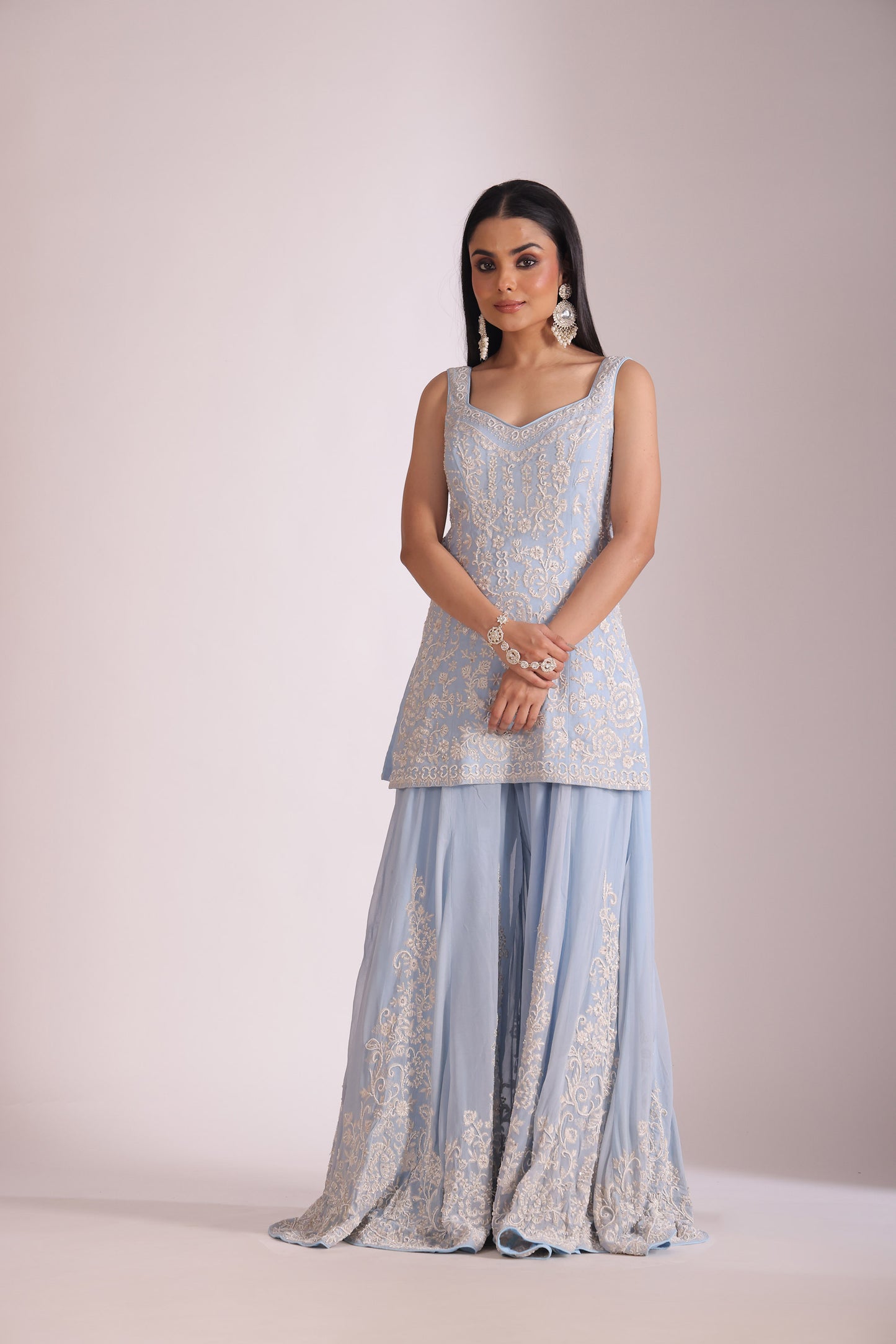 Rooh Sky Blue Embroidered Kurta, Sharara And Dupatta