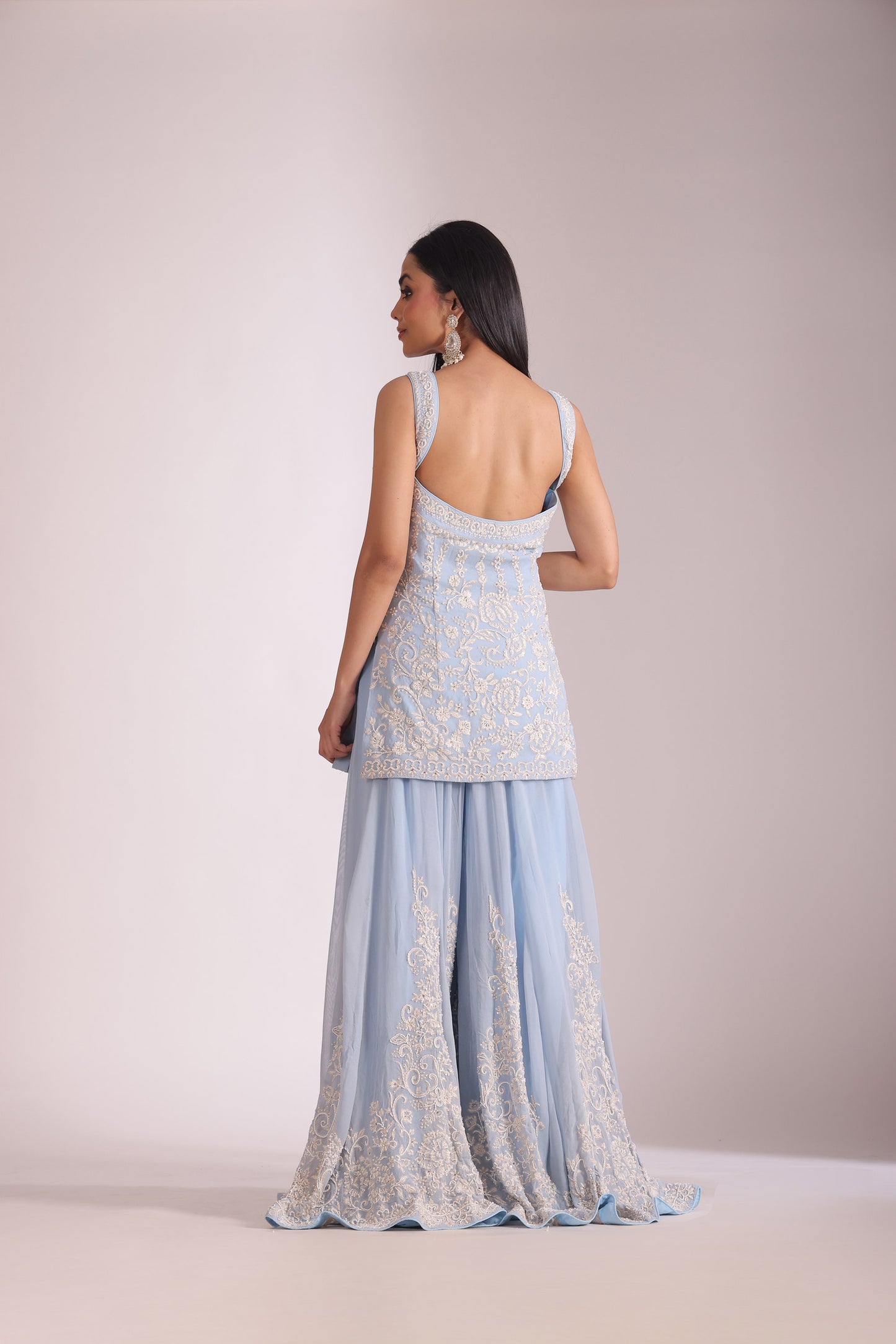 Rooh Sky Blue Embroidered Kurta, Sharara And Dupatta