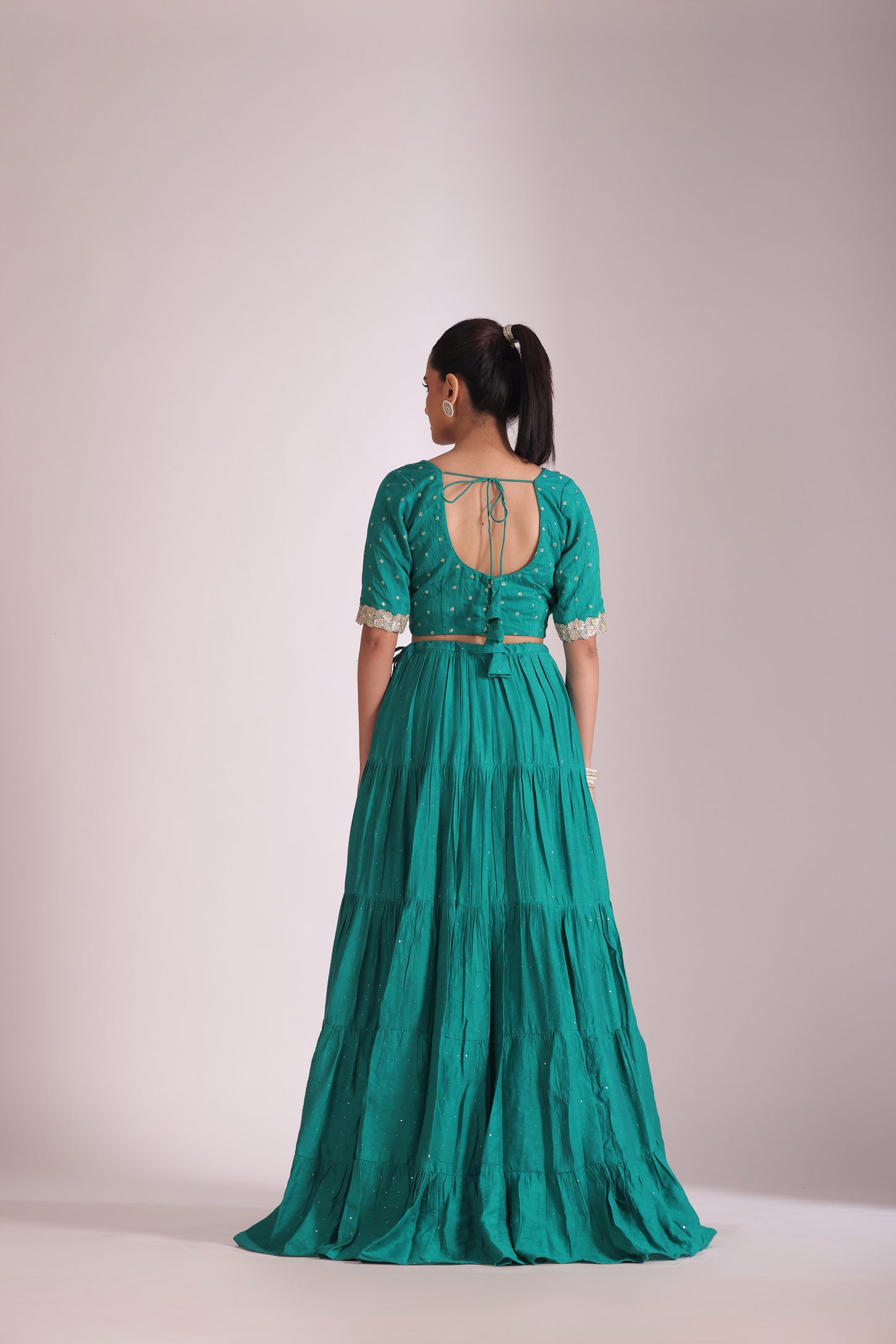 Mastani Teal Embroidered Chanderi Blouse And Lehenga With Dupatta