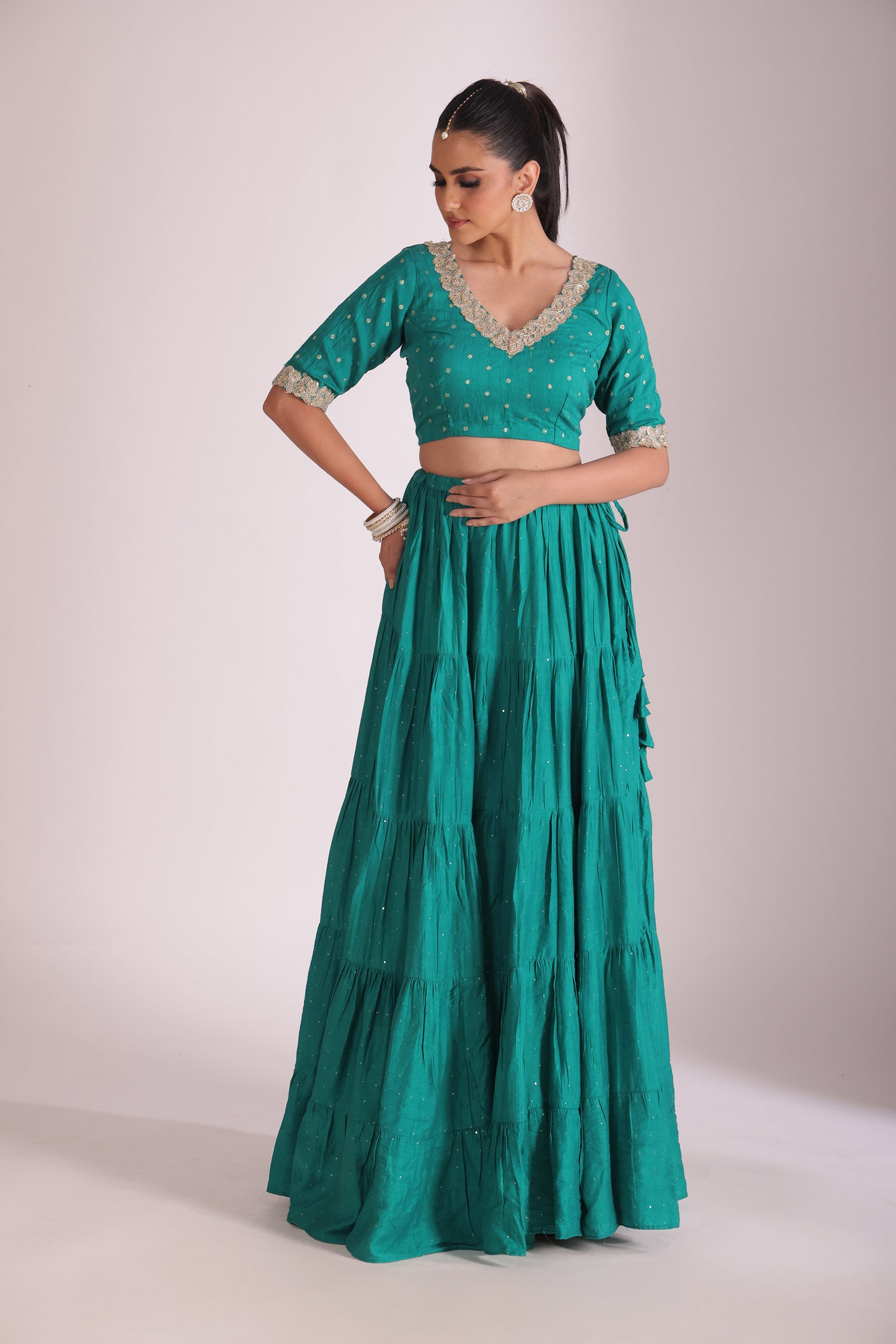 Mastani Teal Embroidered Chanderi Blouse And Lehenga With Dupatta