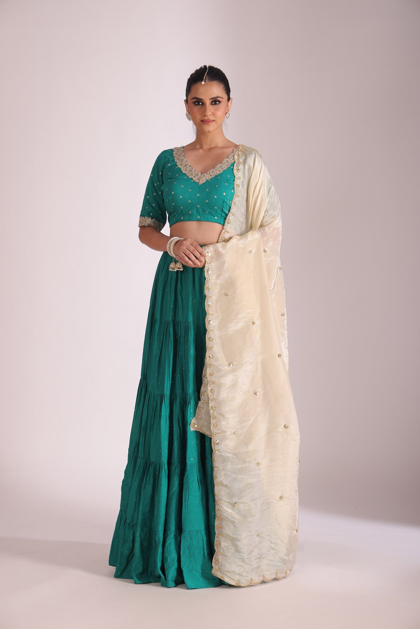 Mastani Teal Embroidered Chanderi Blouse And Lehenga With Dupatta