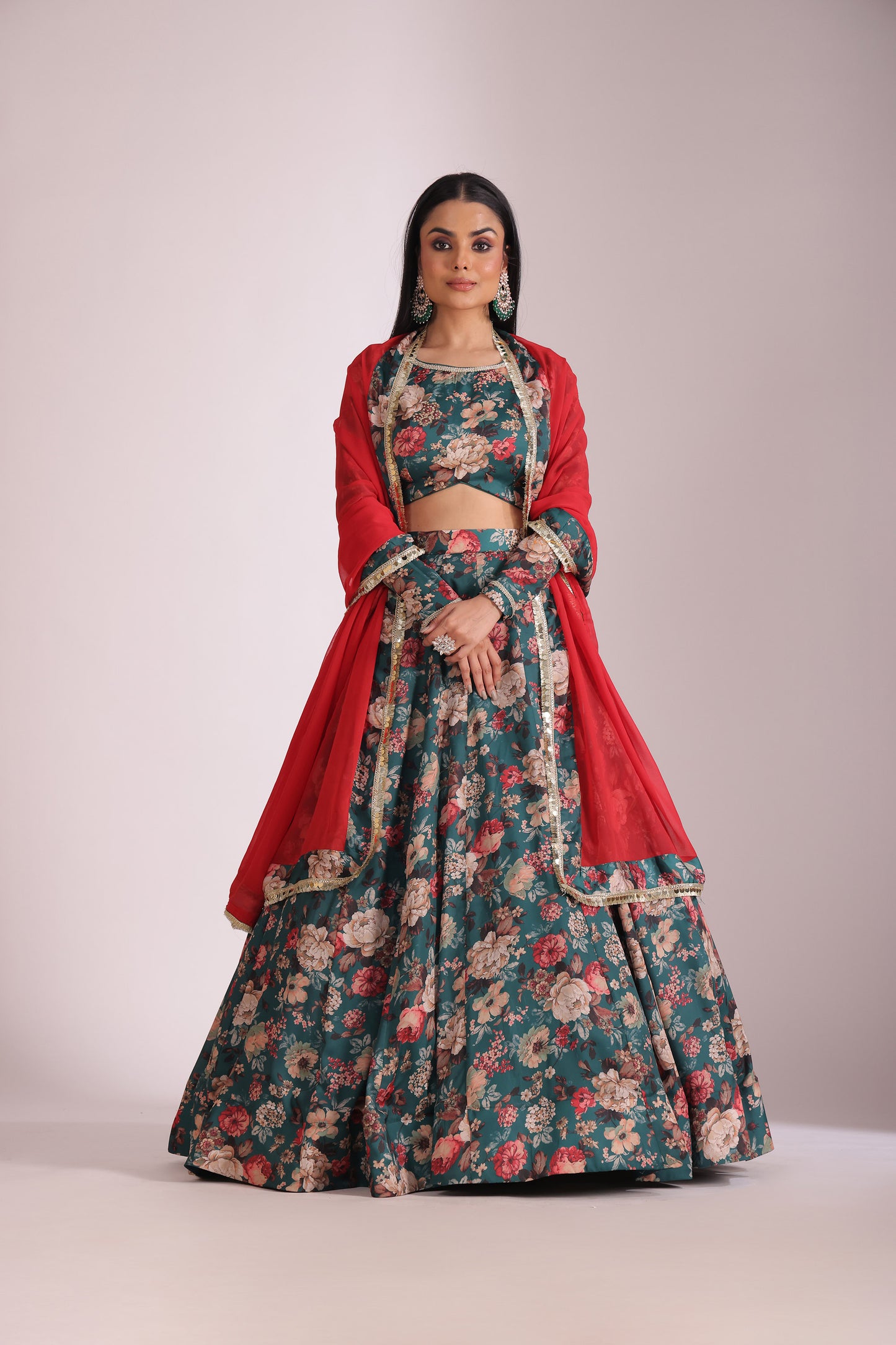 Gulzar Green Printed  Silk Crepe Lehenga And Dupatta
