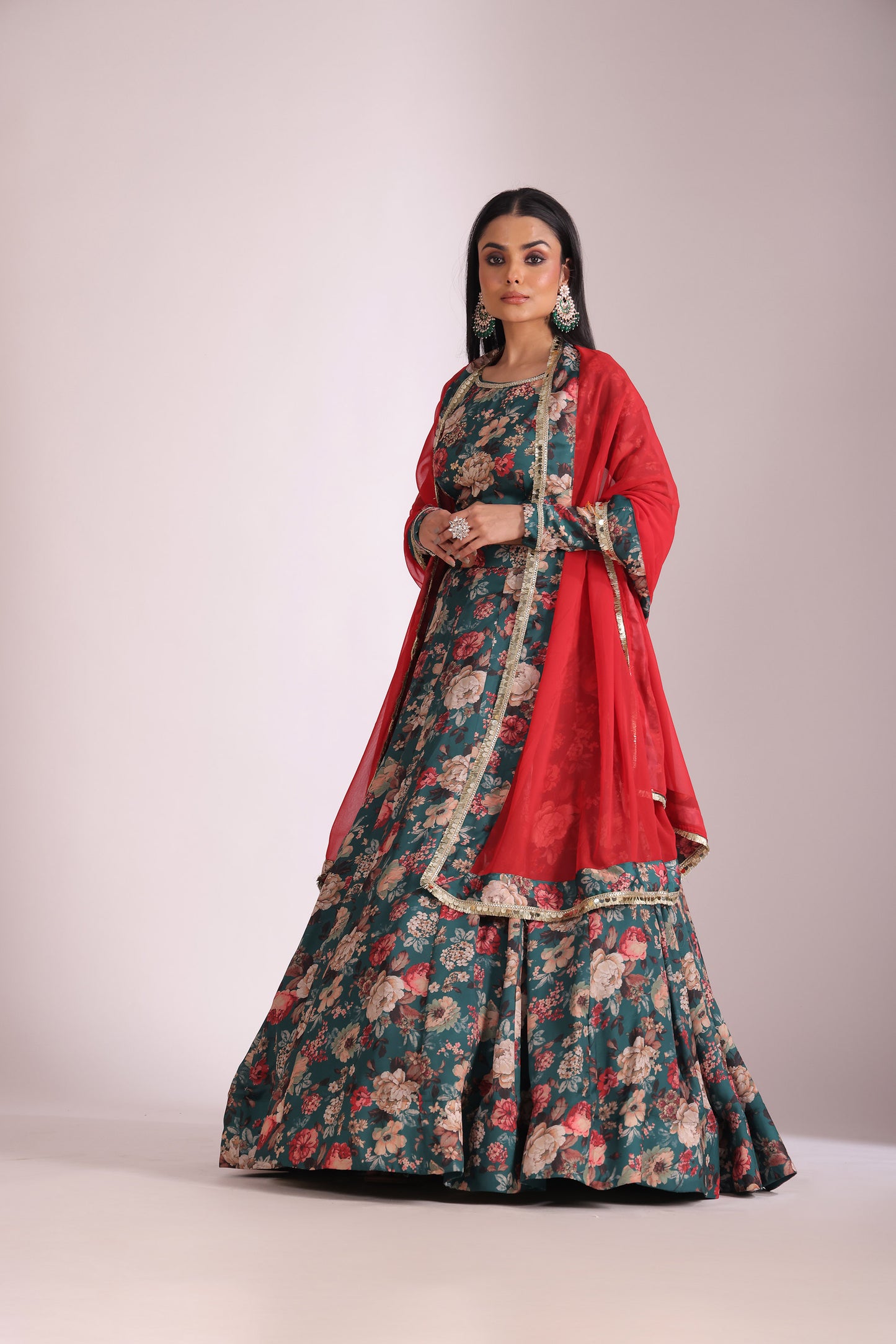 Gulzar Green Printed  Silk Crepe Lehenga And Dupatta