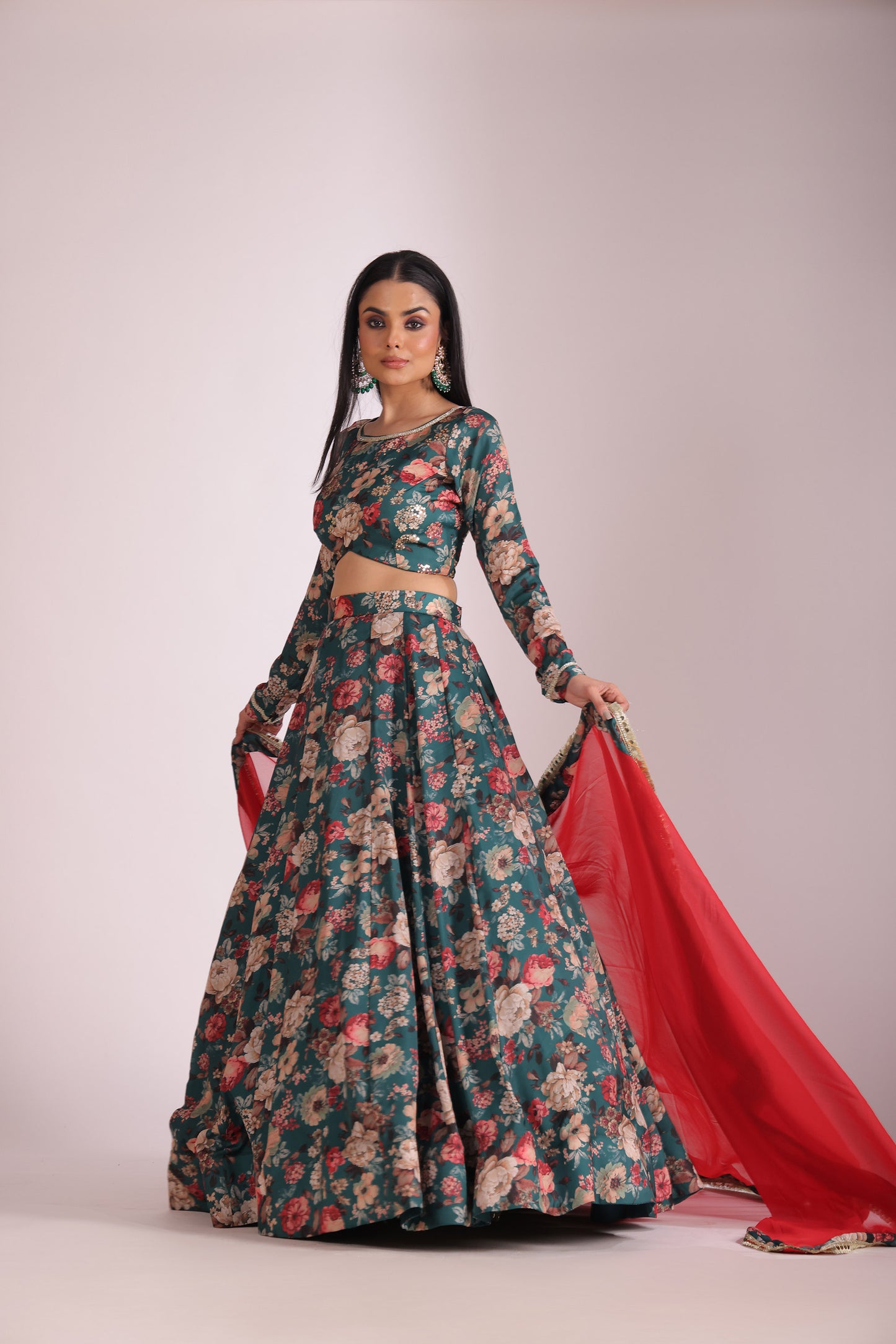 Gulzar Green Printed  Silk Crepe Lehenga And Dupatta