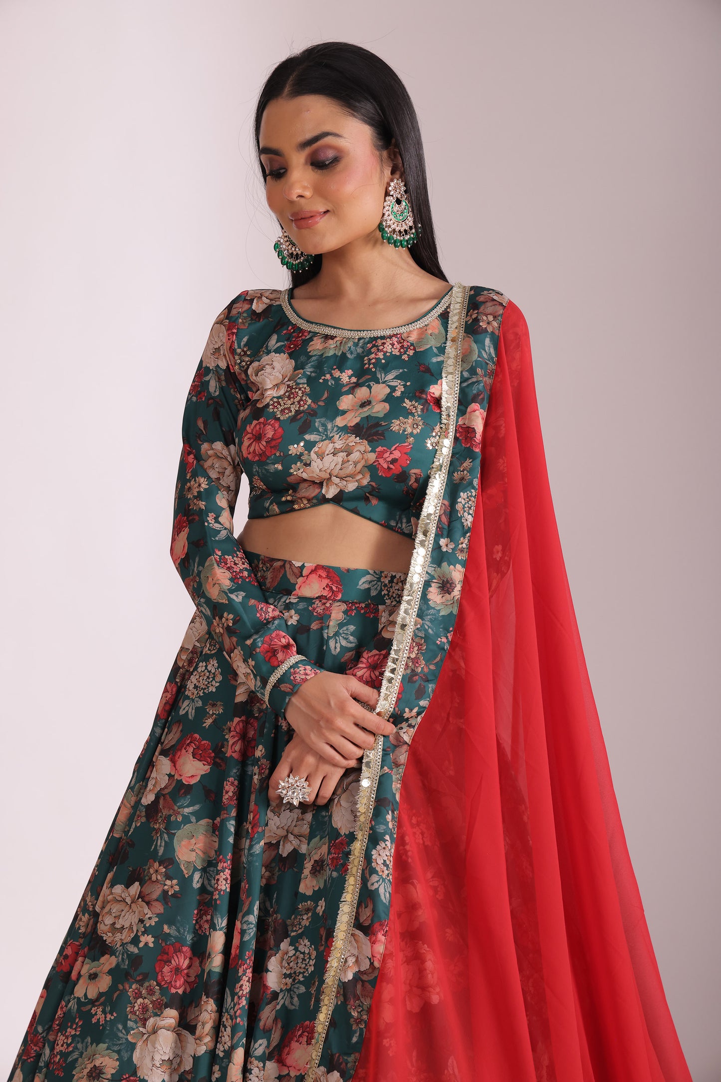 Gulzar Green Printed  Silk Crepe Lehenga And Dupatta