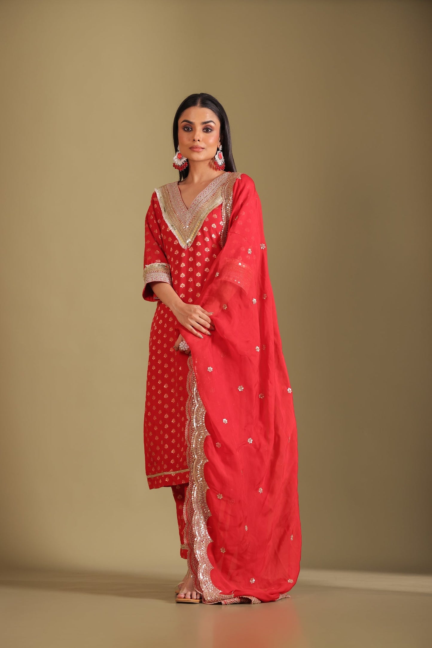Noorika Red Embroidered Silk Kurta  And Dupatta