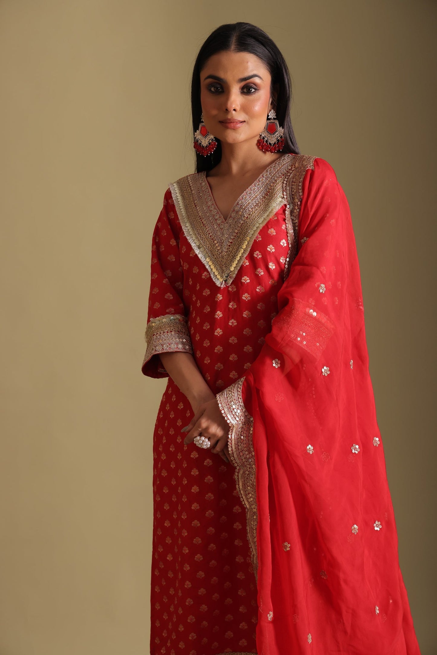 Noorika Red Embroidered Silk Kurta  And Dupatta
