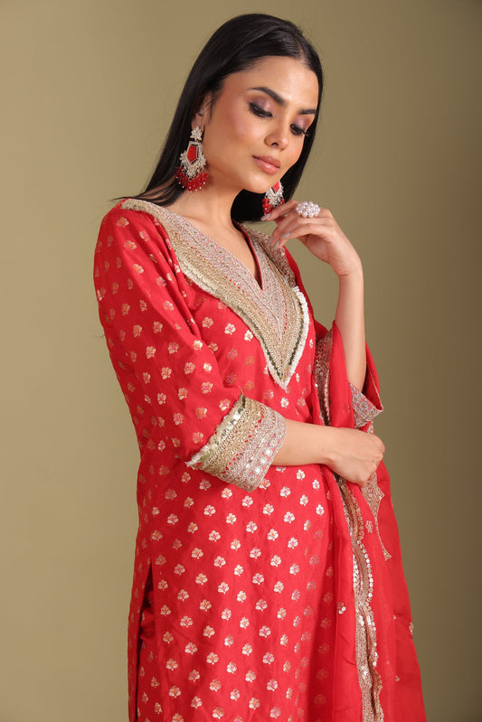 Noorika Red Embroidered Silk Kurta  And Dupatta