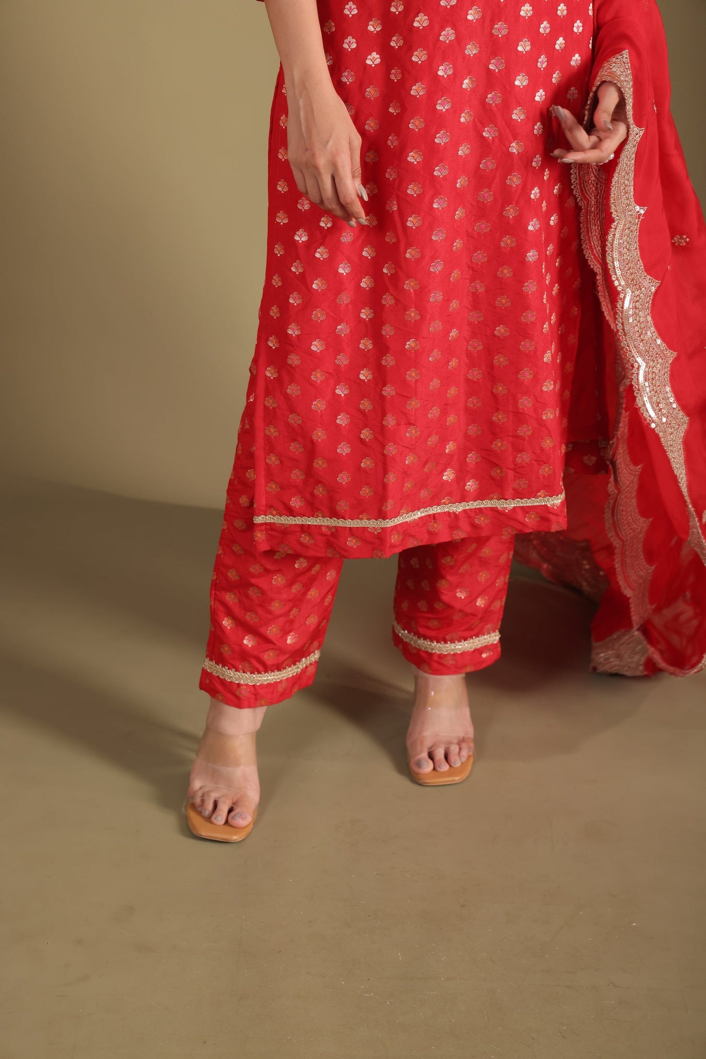 Noorika Red Embroidered Silk Kurta  And Dupatta