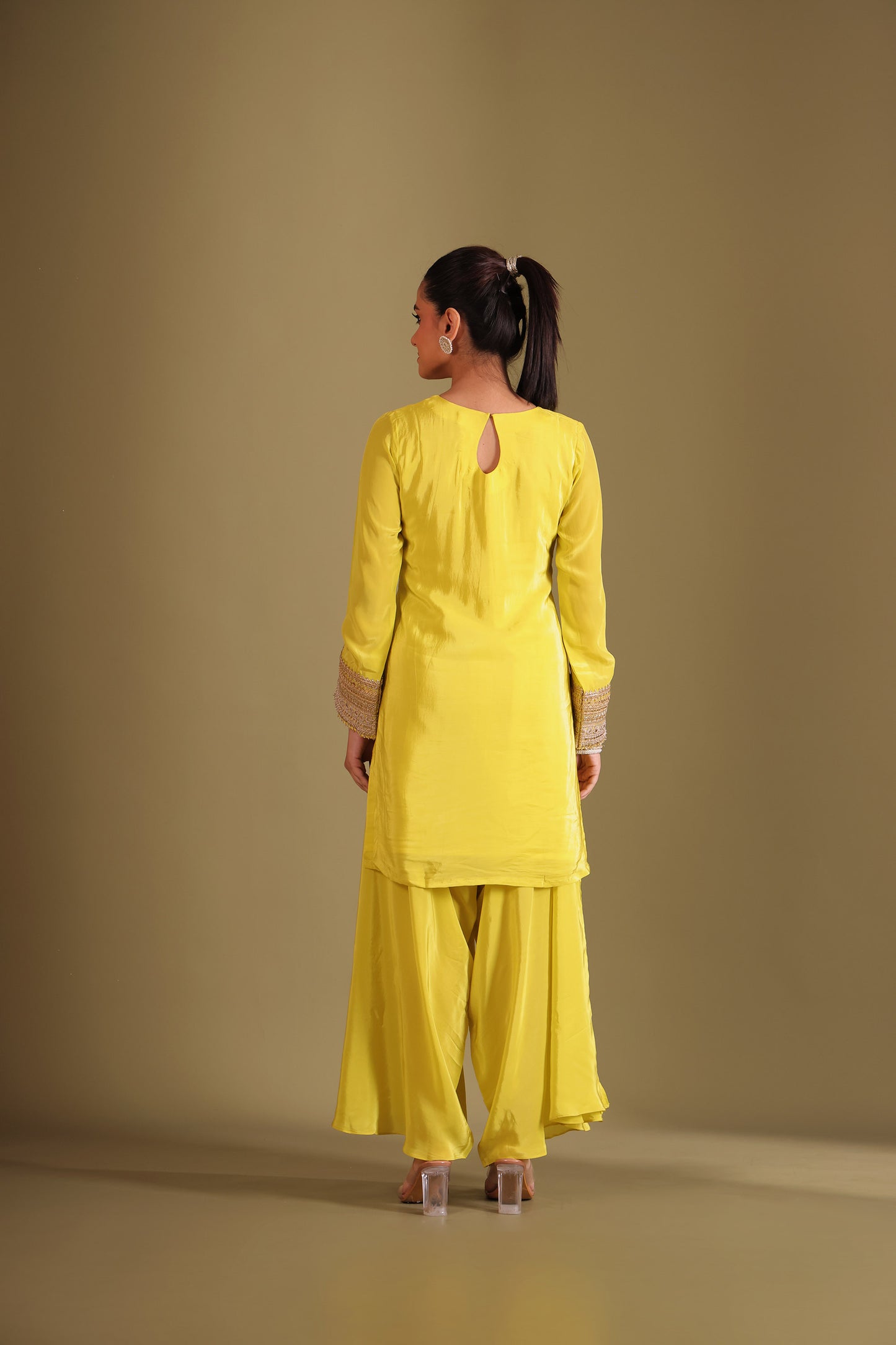 Jhalak Lime Embroidered Crepe Silk Kurta With Dhoti Pant And Dupatta