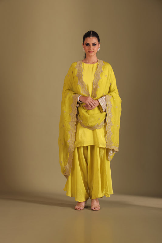 Jhalak Lime Embroidered Crepe Silk Kurta With Dhoti Pant And Dupatta
