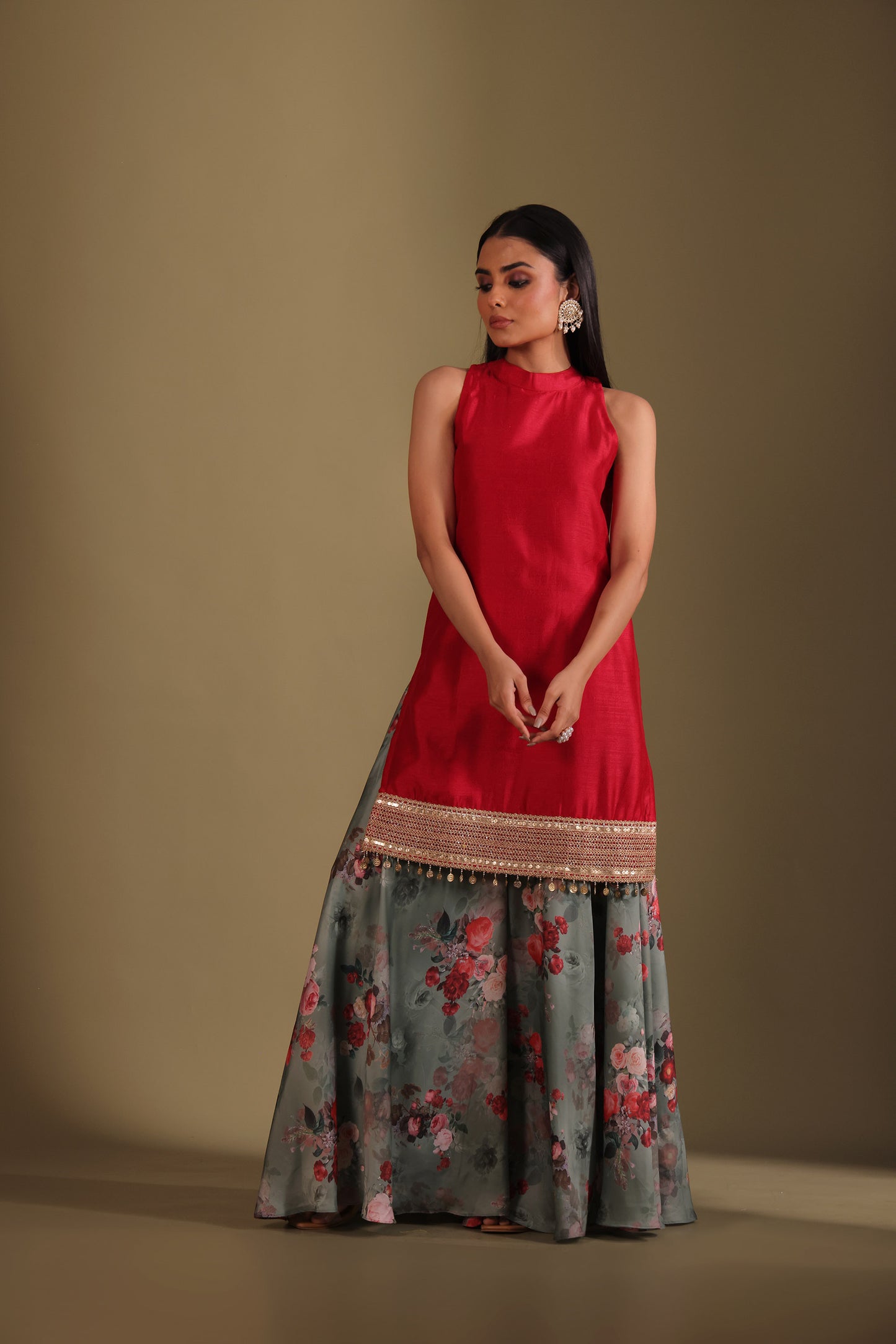 Gulzar Red & Green Printed Kashmiri Silk  Sharara And Dupatta