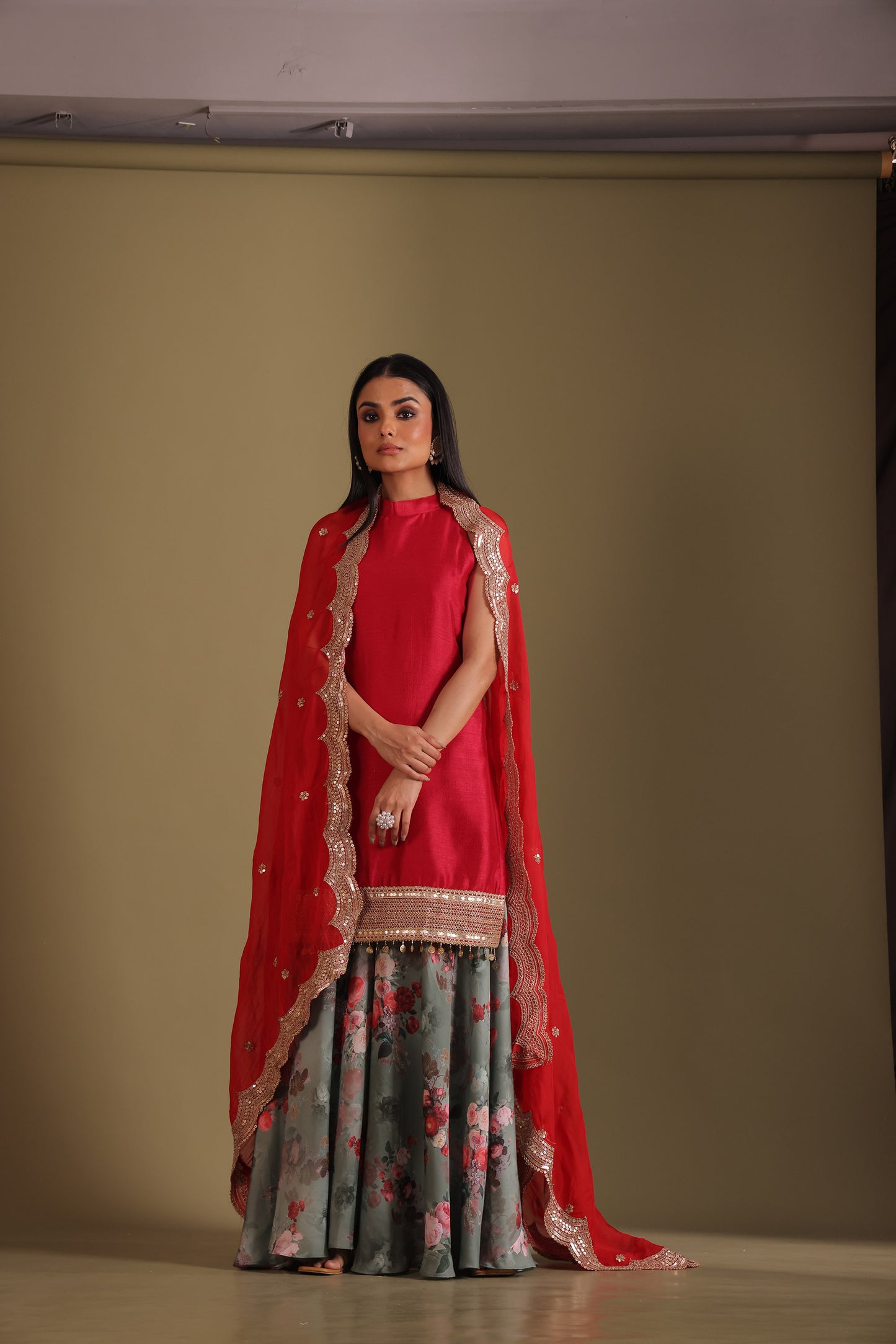 Gulzar Red & Green Printed Kashmiri Silk  Sharara And Dupatta