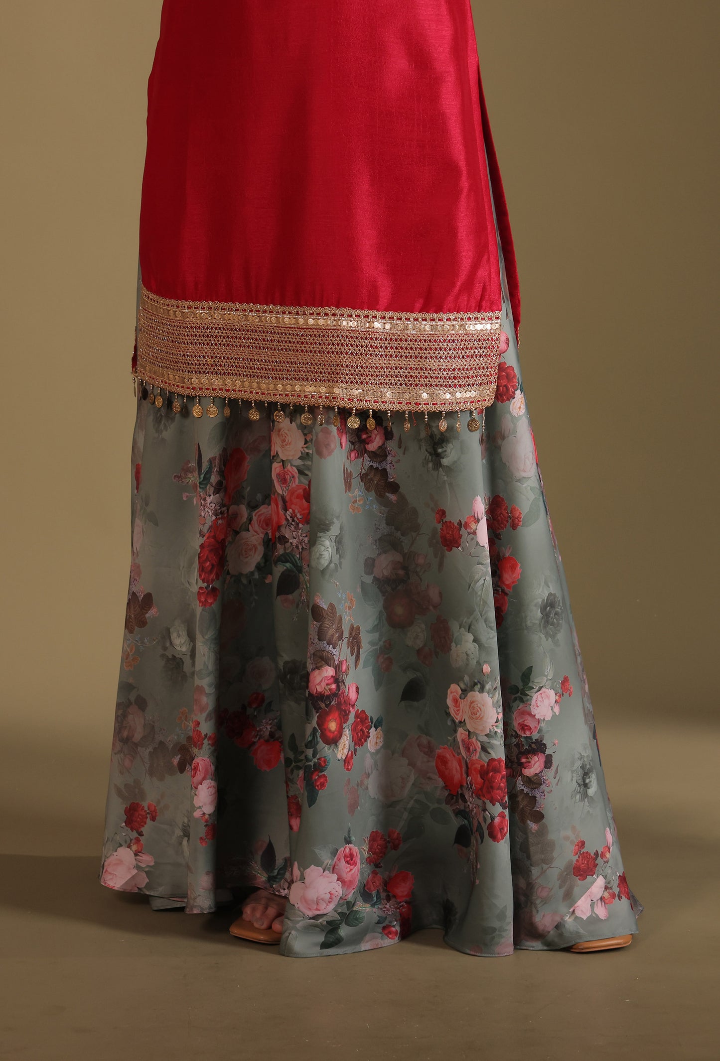 Gulzar Red & Green Printed Kashmiri Silk  Sharara And Dupatta