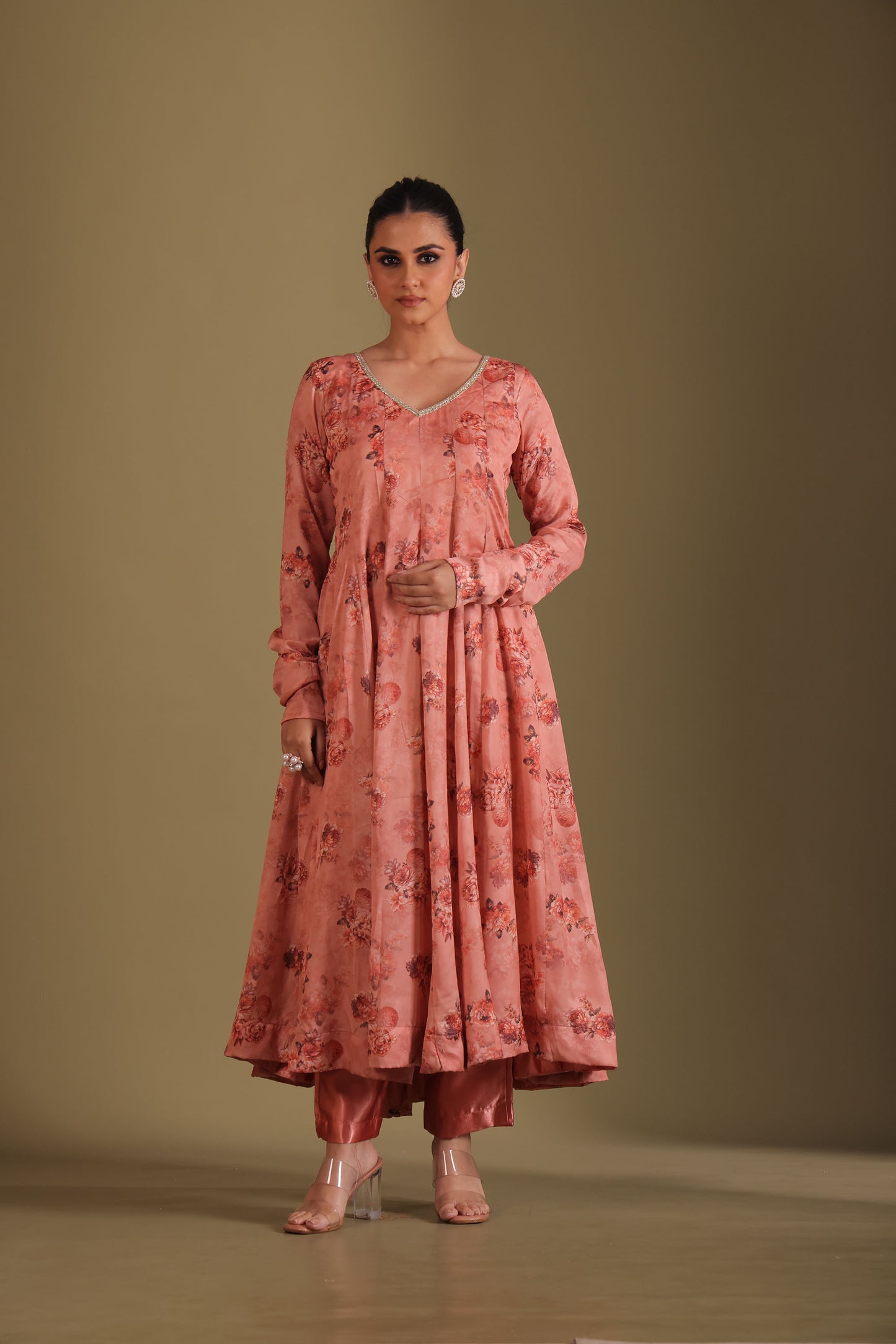Gulzar Peach Printed Silk Crepe Anarkali  And Dupatta